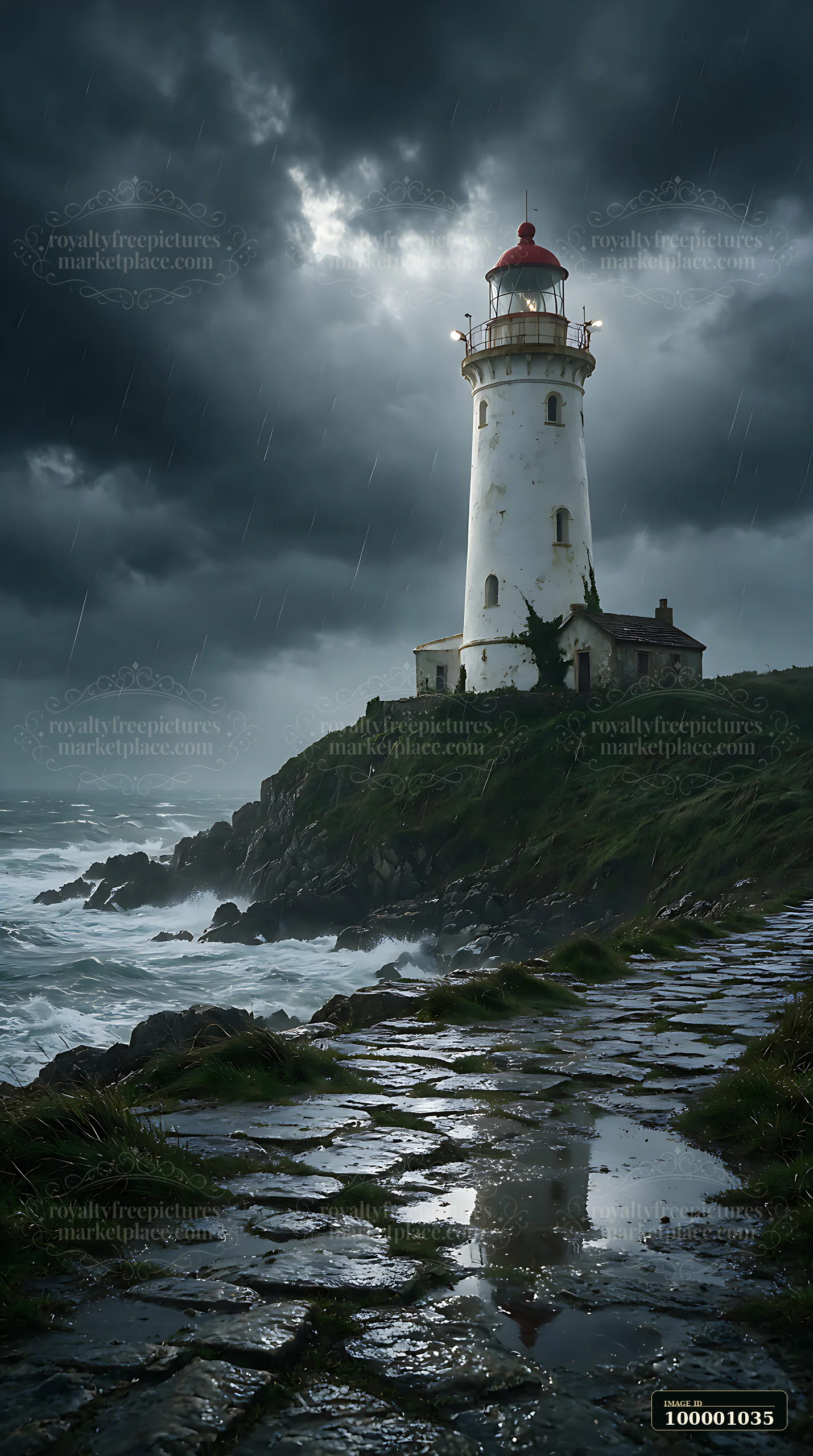 A lighthouse stands on a rocky shore with dark clouds overhead and rain falling.