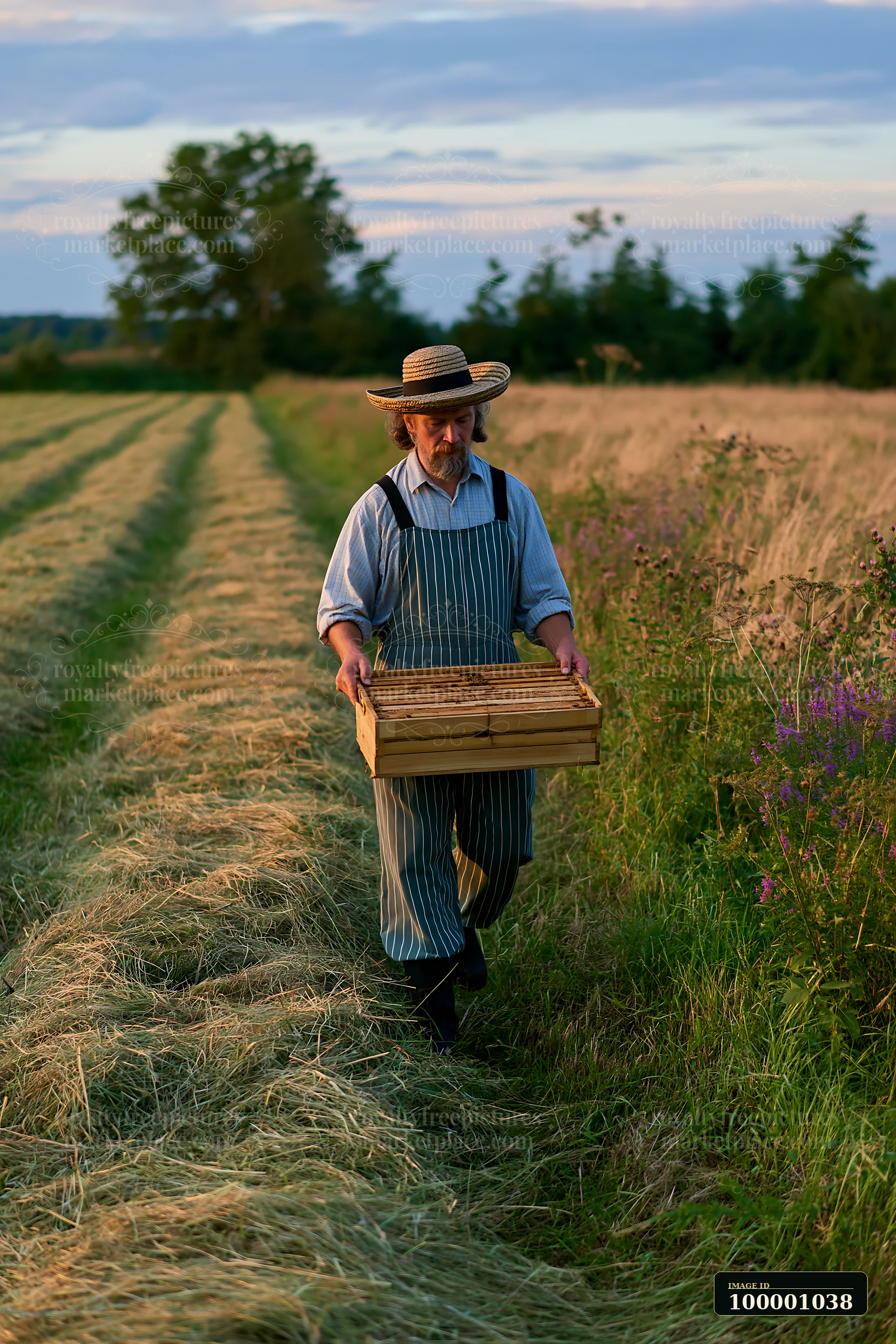 A man walks down freshly cut meadow rows, holding a wooden crate.