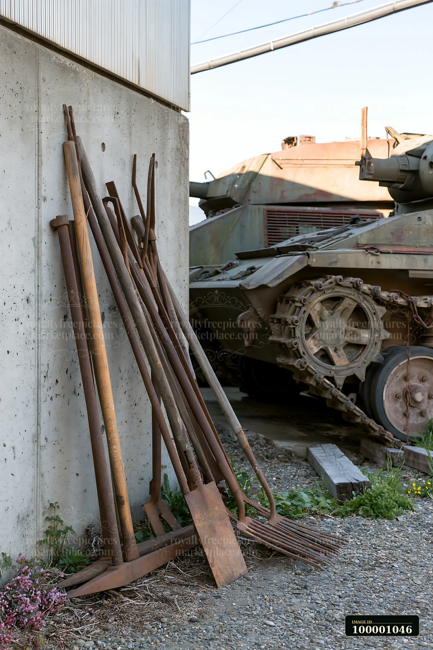 Rusty tools for maintaining a panzer tank rest against a wall next to the vehicle.