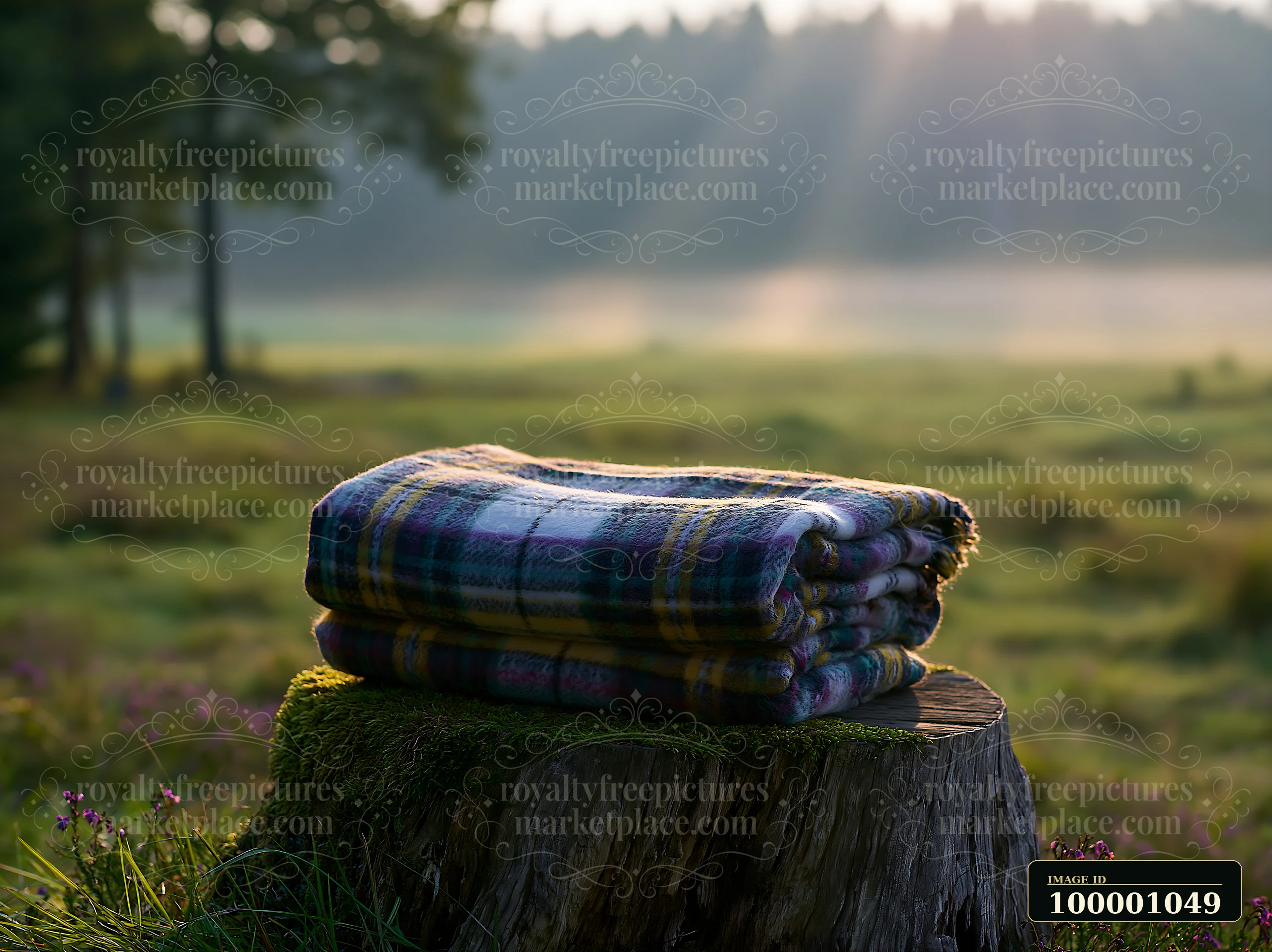 Sunbeams over a misty meadow illuminate a folded blanket placed on a tree stump.