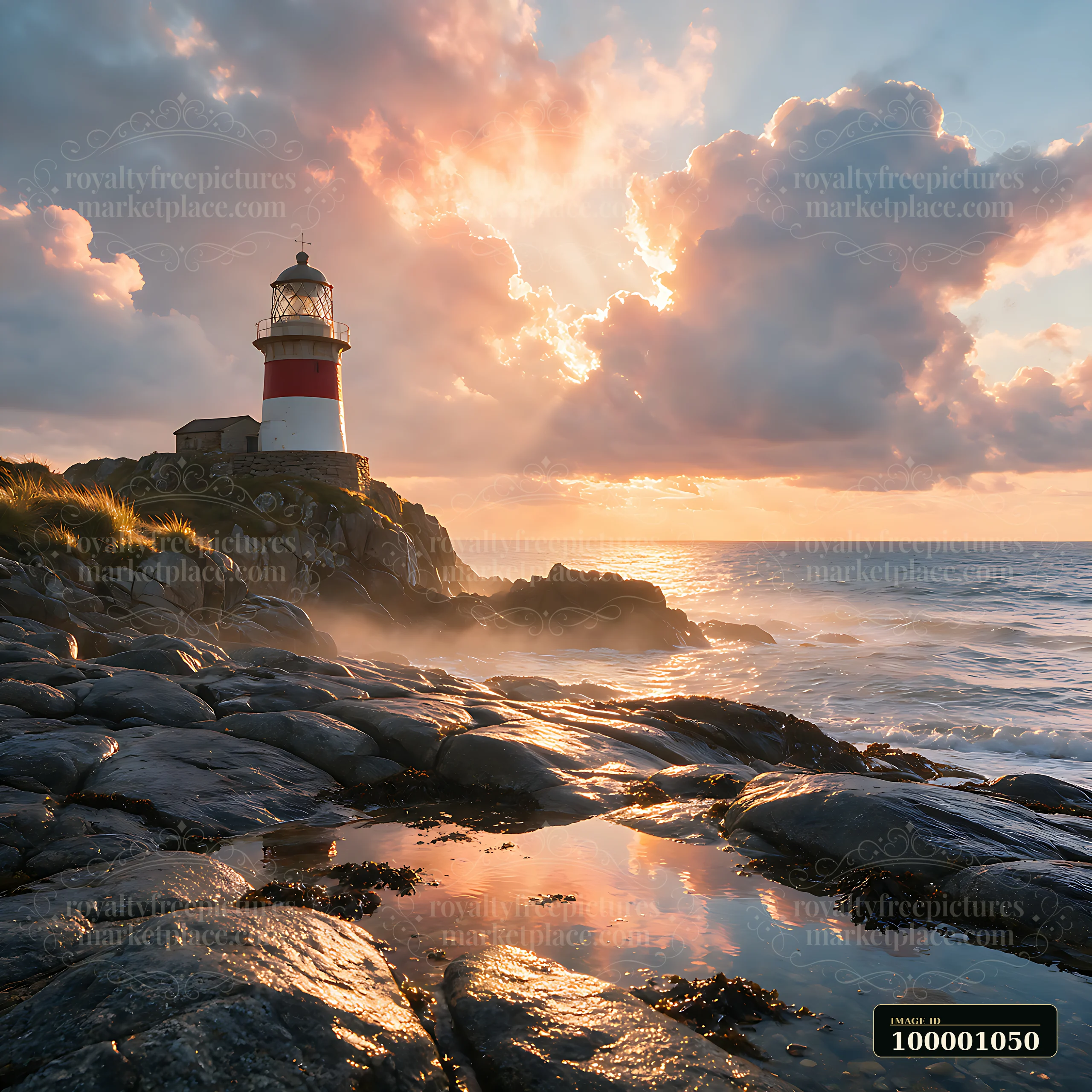 A lighthouse stands on a rocky coast as waves crash against the shore under dramatic clouds.