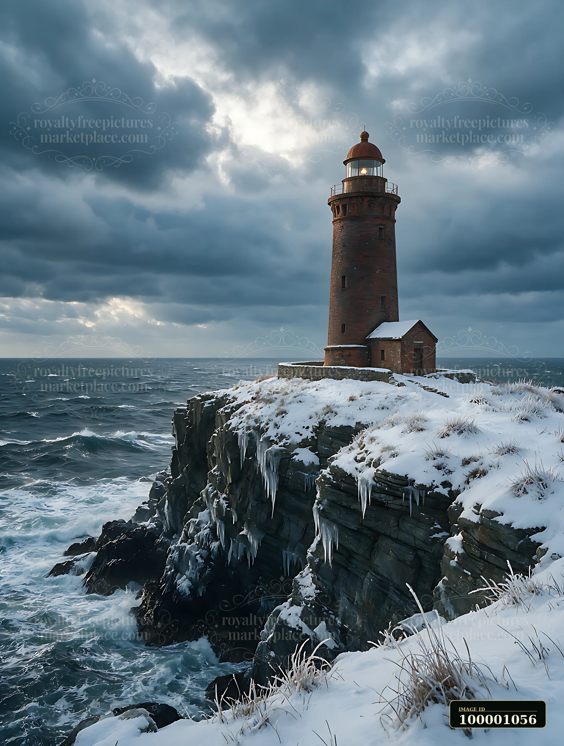 A lighthouse stands on a rocky cliff with snow and icicles under dark clouds.