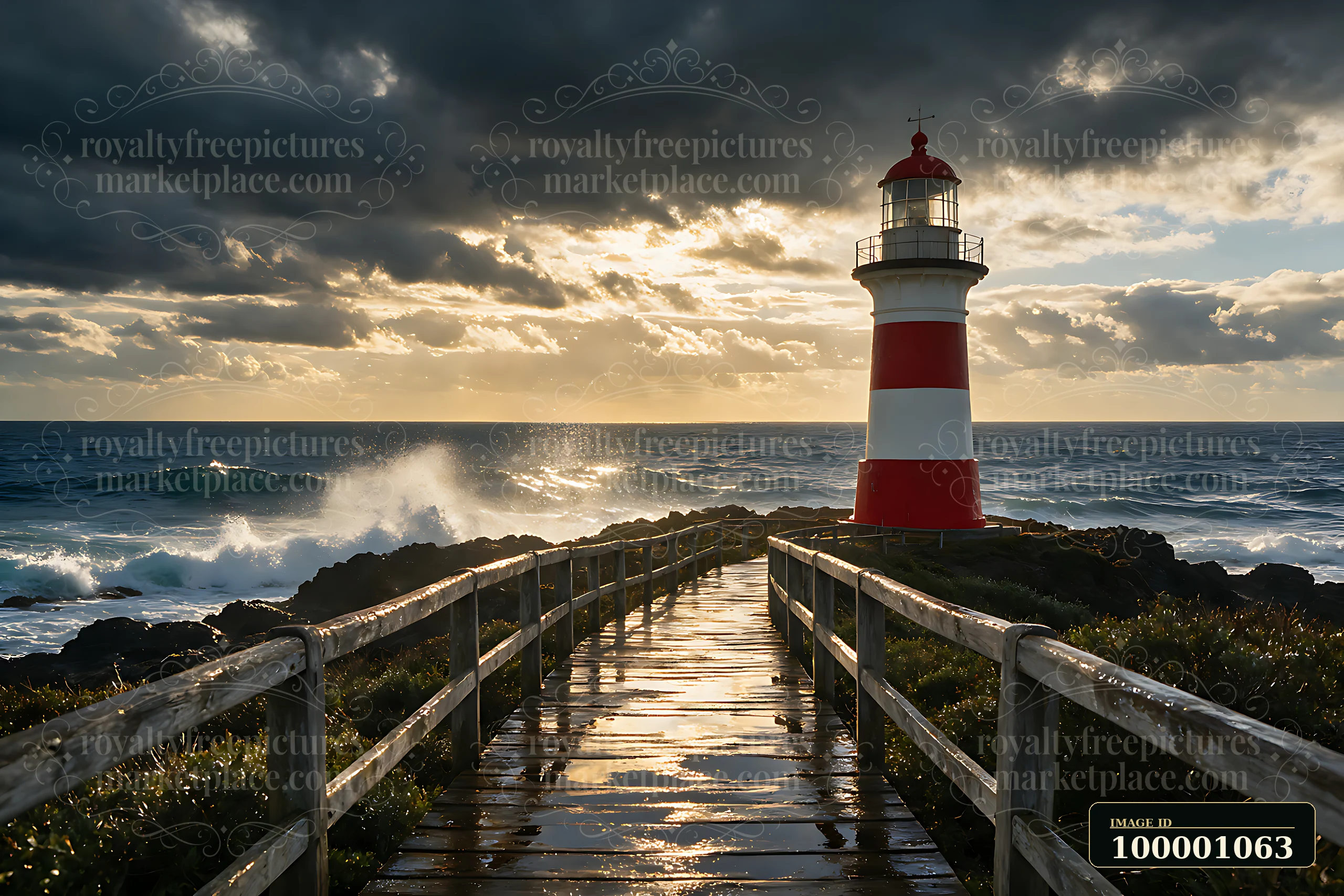 A lighthouse stands tall against the backdrop of stormy clouds and crashing waves.