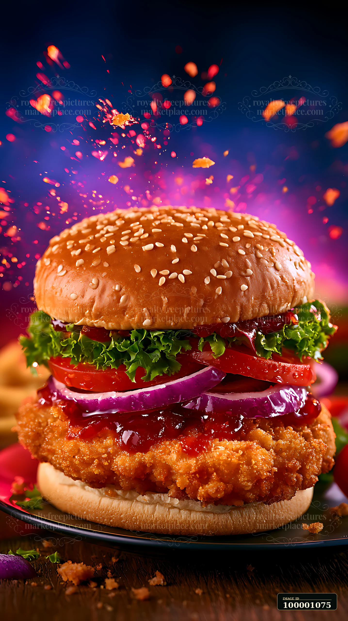 A chicken burger features a crispy fillet with lettuce, tomato, onion, and sauce inside a sesame seed bun.