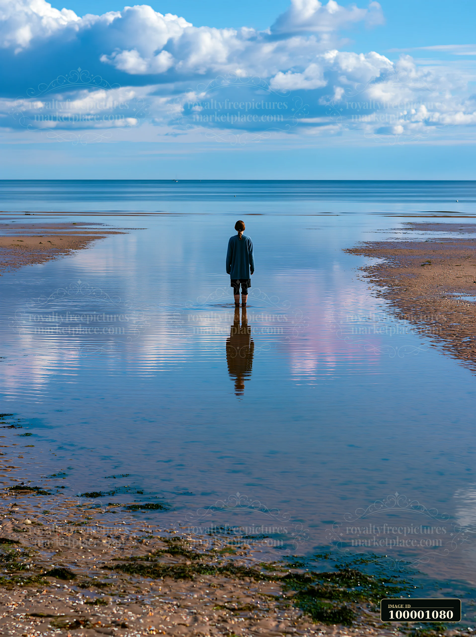 A lone person stands on a sandy shoreline as the tide recedes.