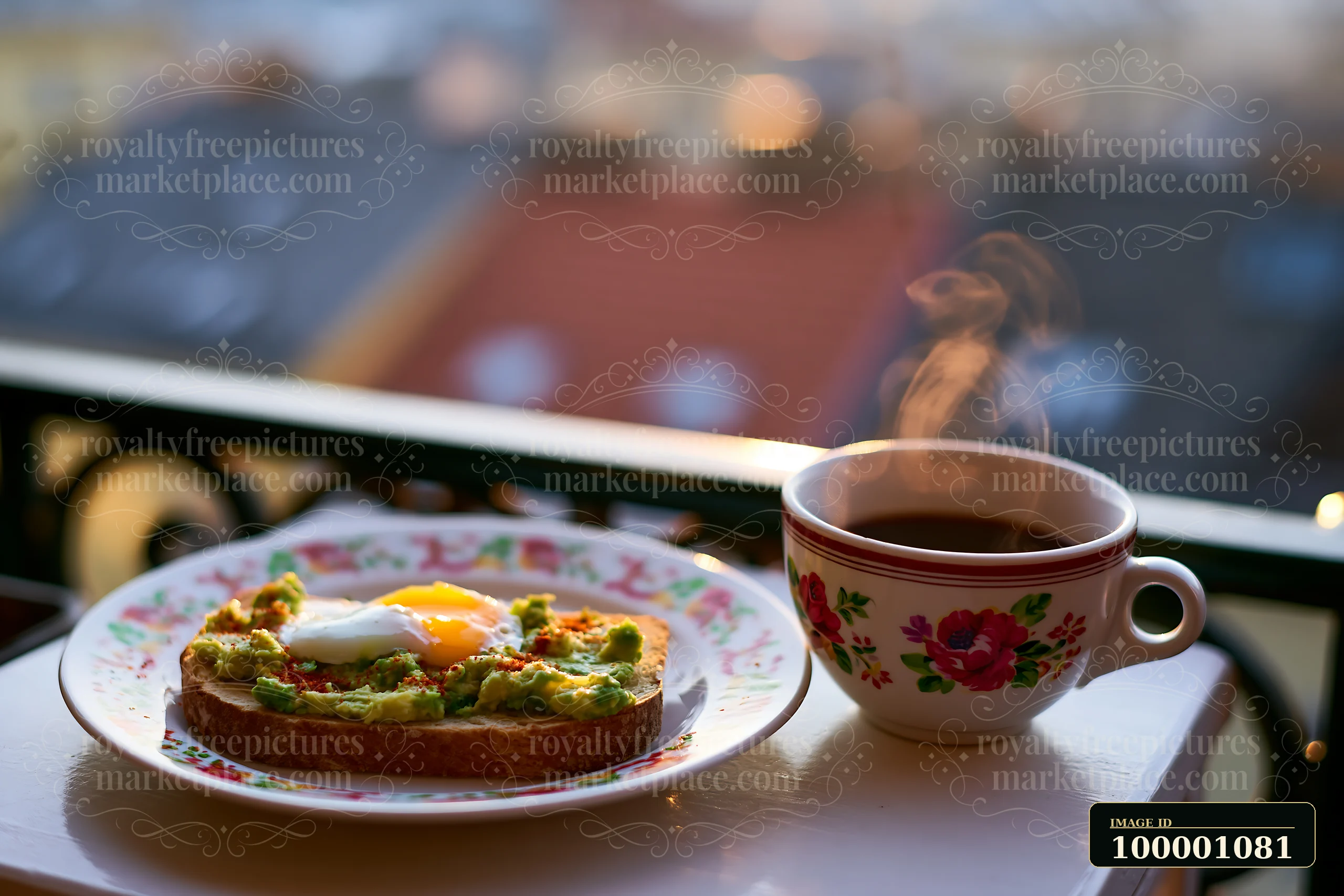 This breakfast plate with avocado toast features a soft-boiled egg and is paired with a steaming cup of coffee.