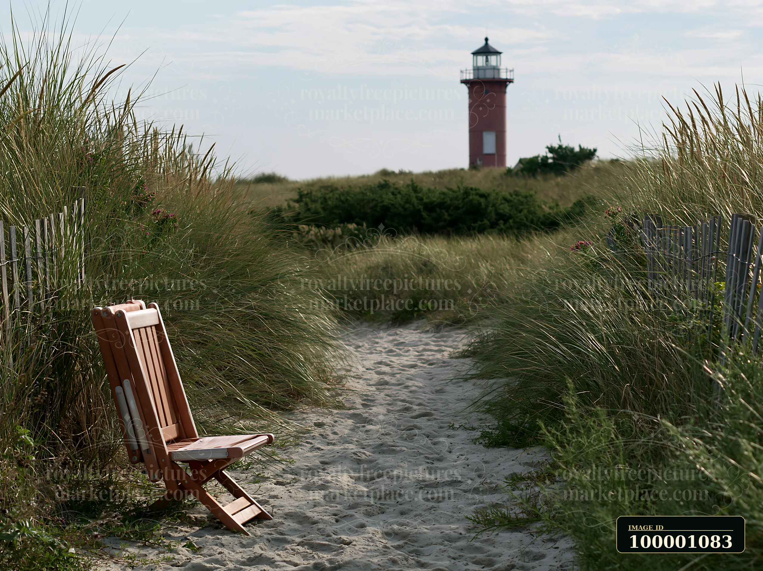 A wooden chair sits on a sandy path leading to a lighthouse framed by coastal dunes.