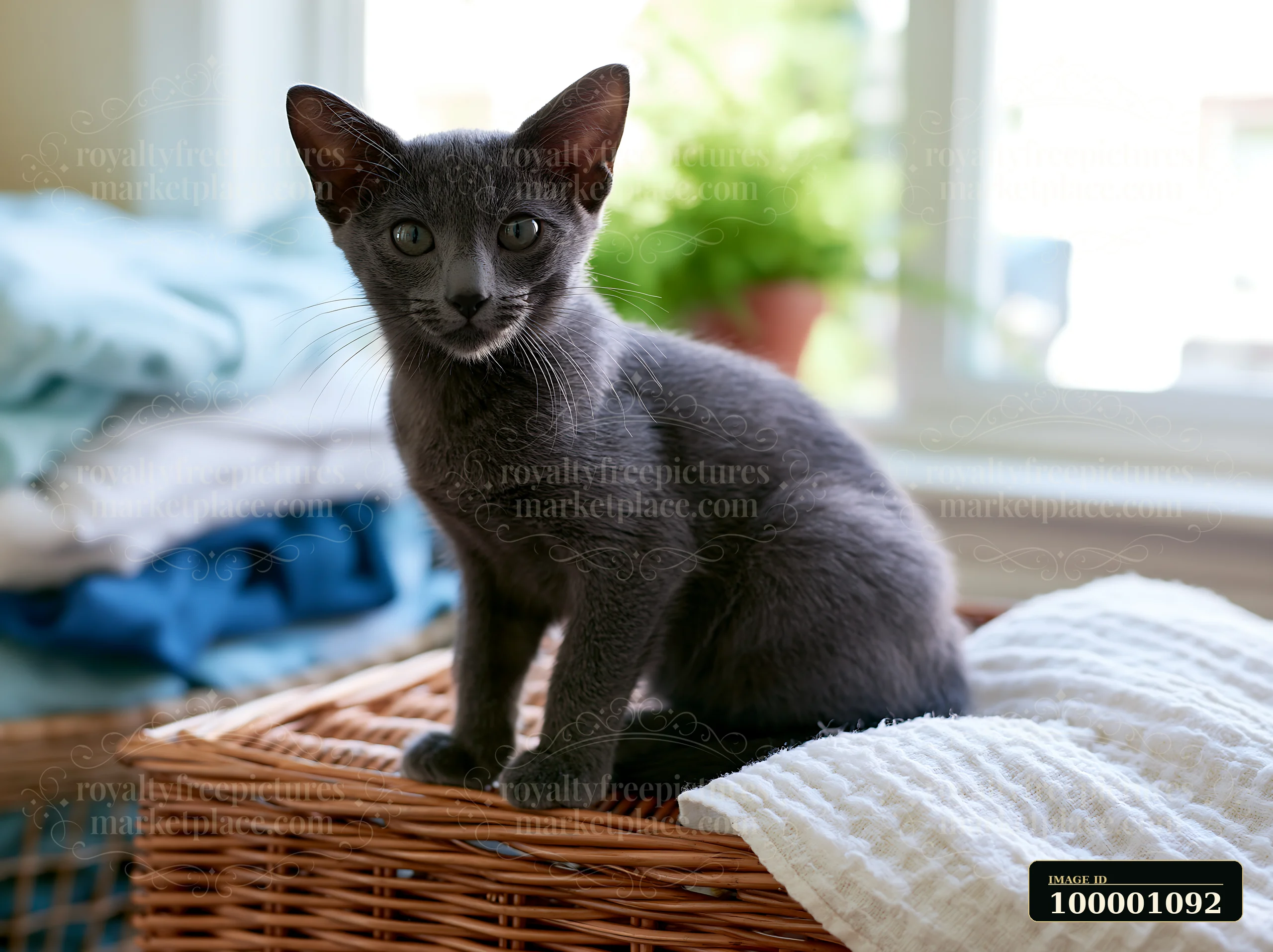 A Korat kitten is perched on a woven basket surrounded by folded laundry in a bright room.