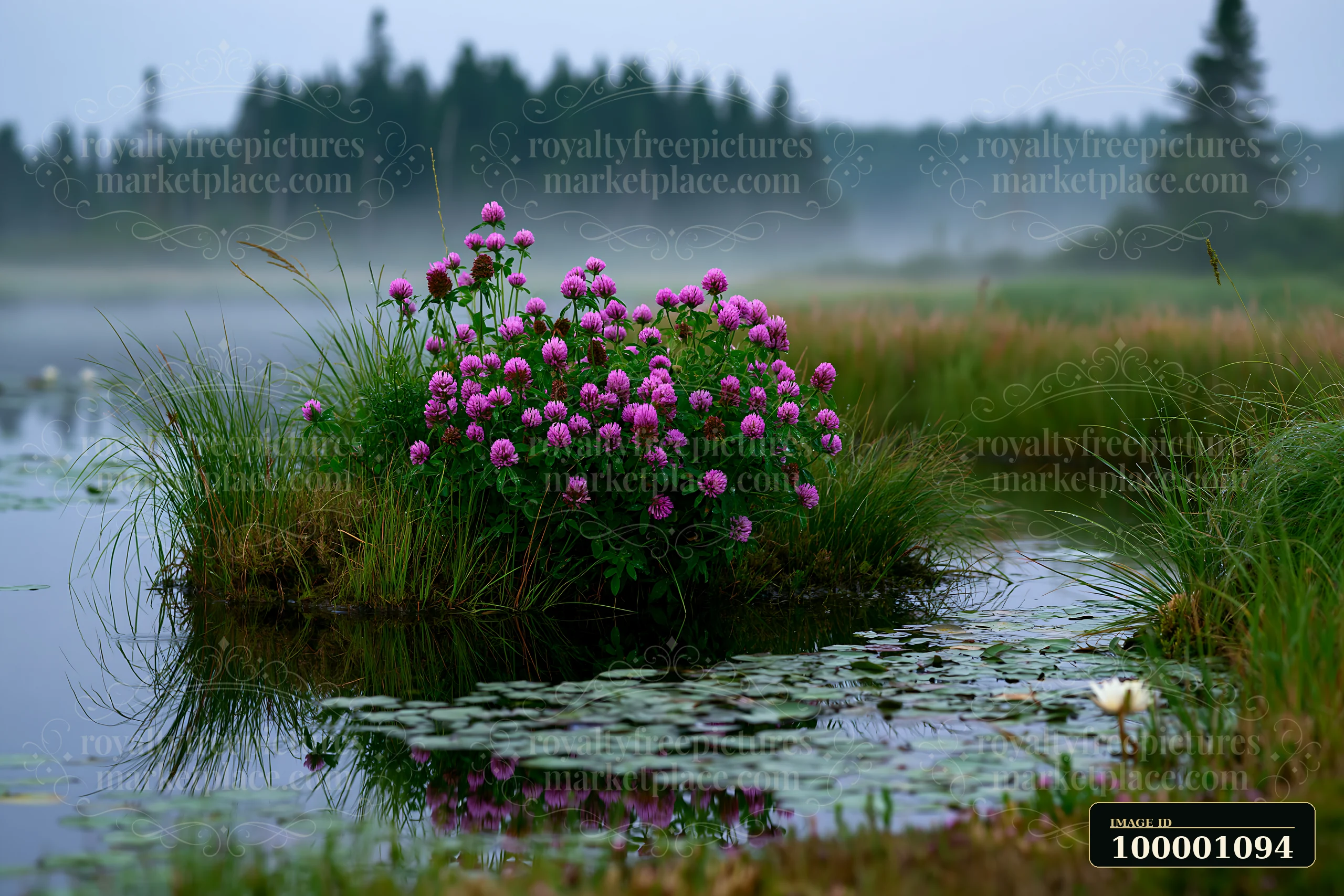 A cluster of pink flowers grows on an island surrounded by water after rain.