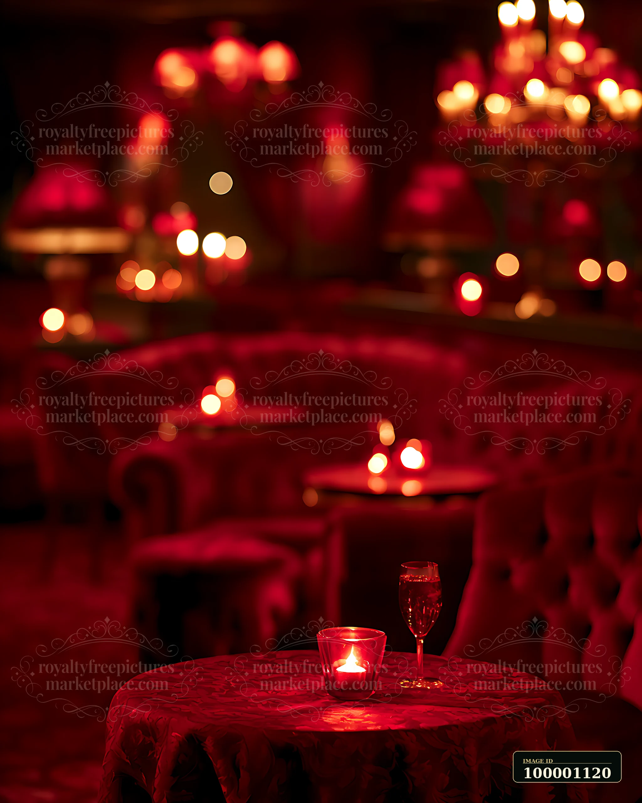 A cozy lounge features plush seating and glowing candles casting warm red light.