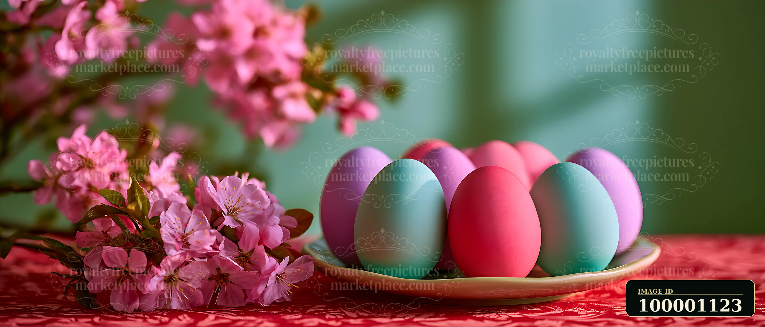 A plate holds pastel-colored Easter eggs, surrounded by blooming cherry blossoms.