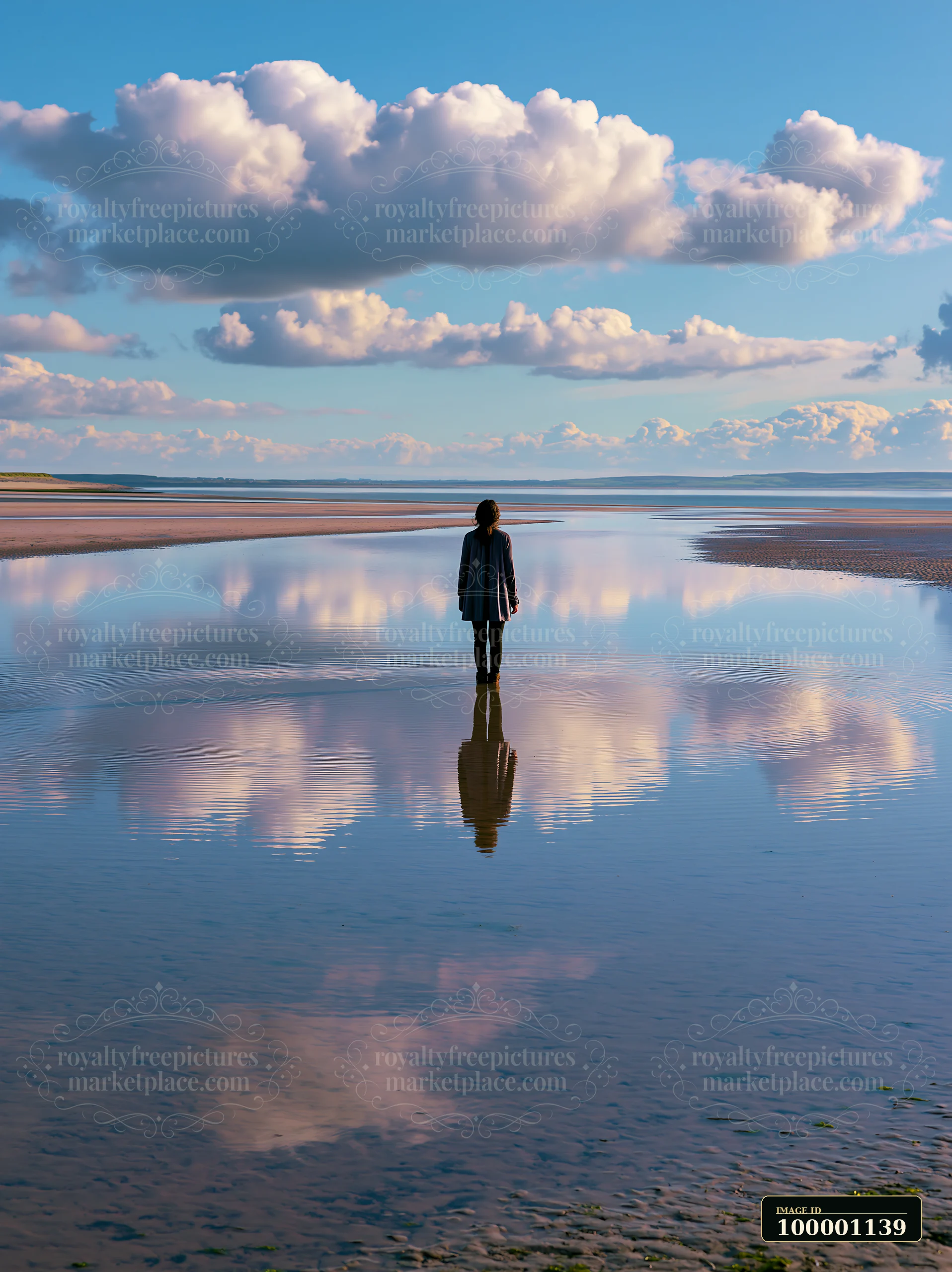 A lone person stands on wet sand, reflecting clouds and sky.