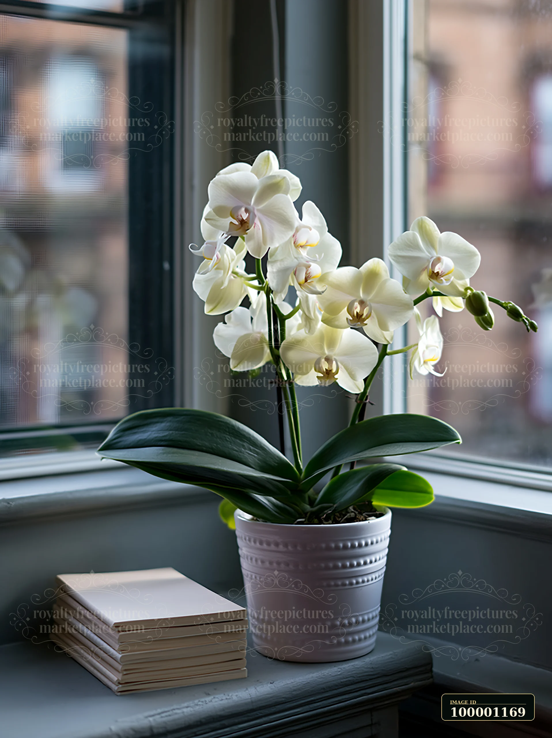 A white orchid flower on windowsill surrounded by soft light and a stack of books.