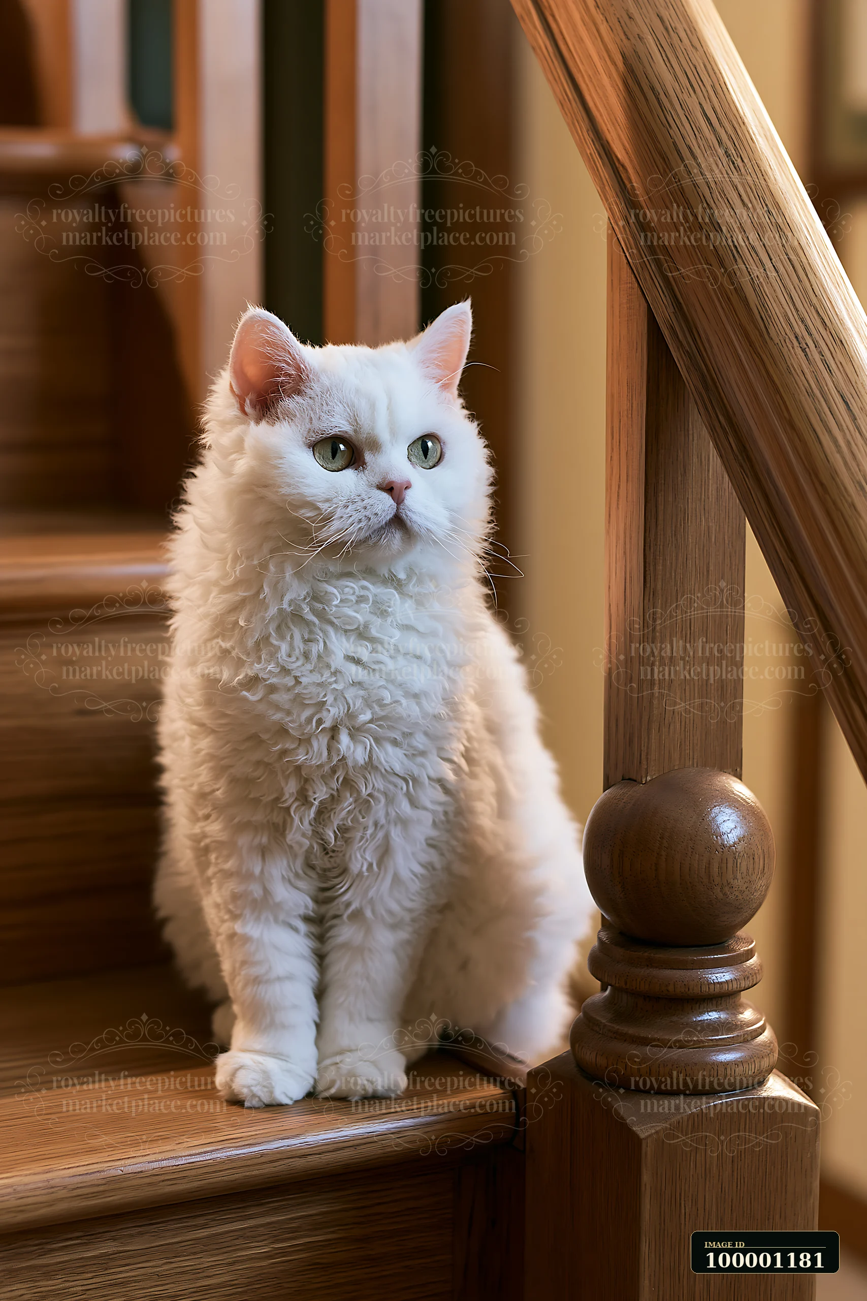 A Selkirk Rex cat sits on a wooden staircase, looking curiously at its surroundings.