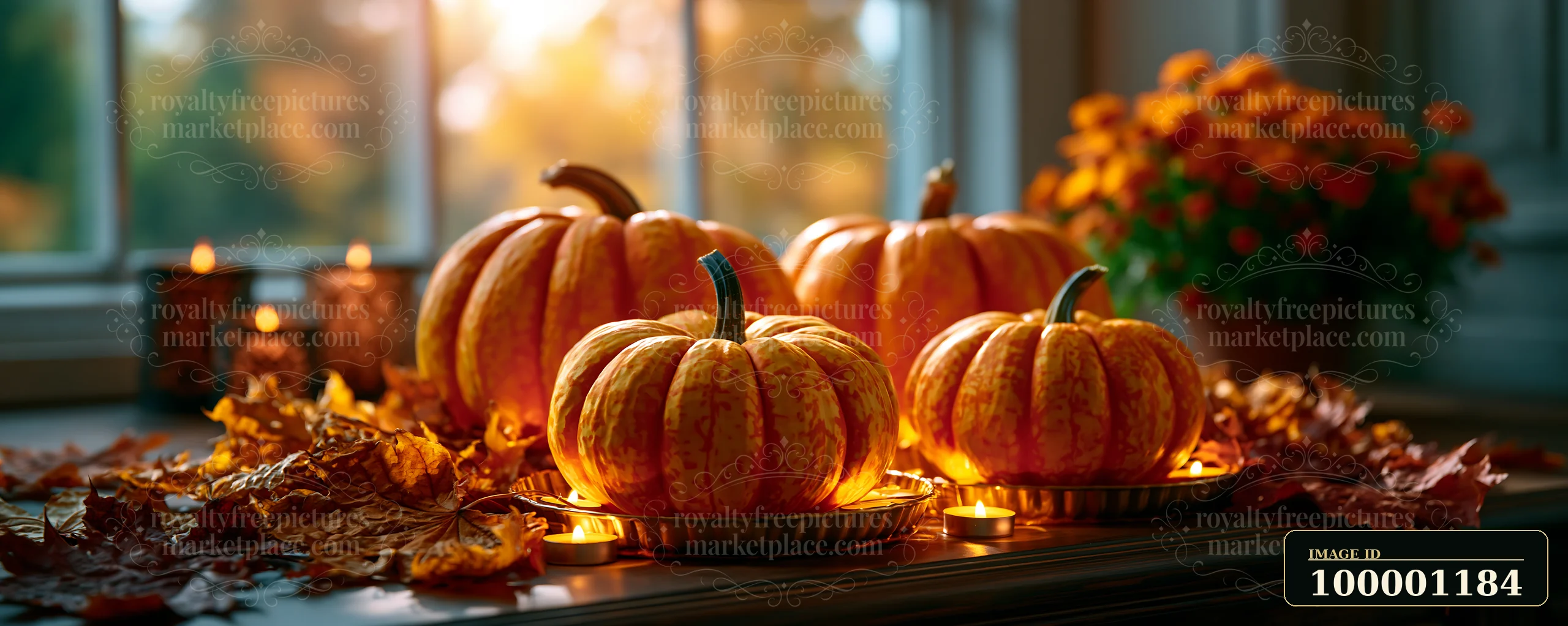 Lit pumpkins rest on a table amid dried leaves and flowers, creating a warm atmosphere.