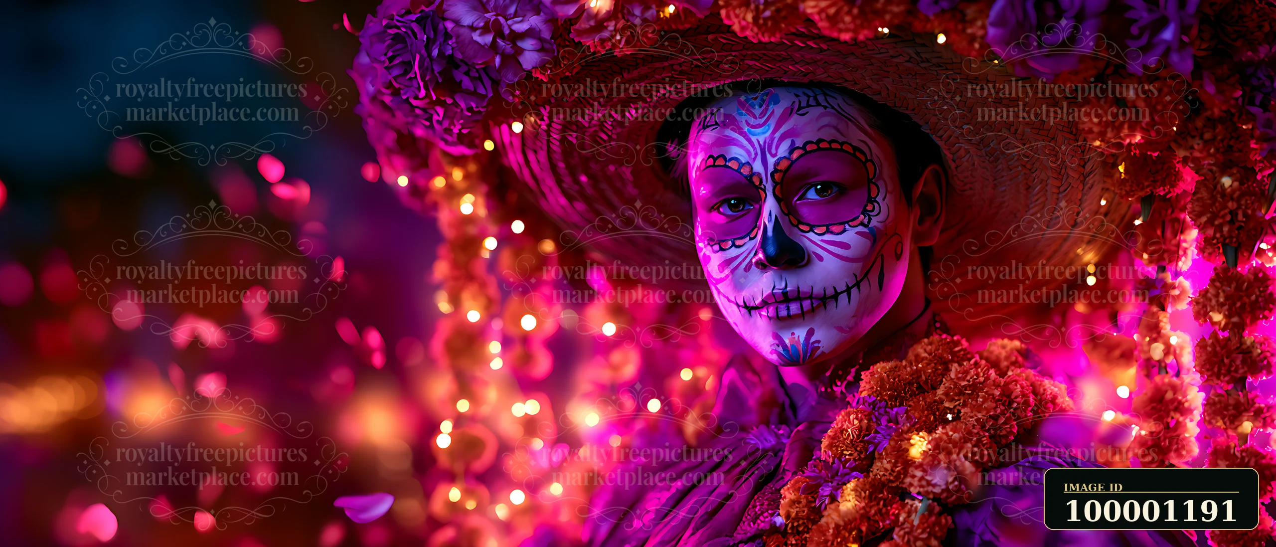 A person with intricate face paint and a large decorative hat stands amidst vibrant decorations and lights during a celebration.