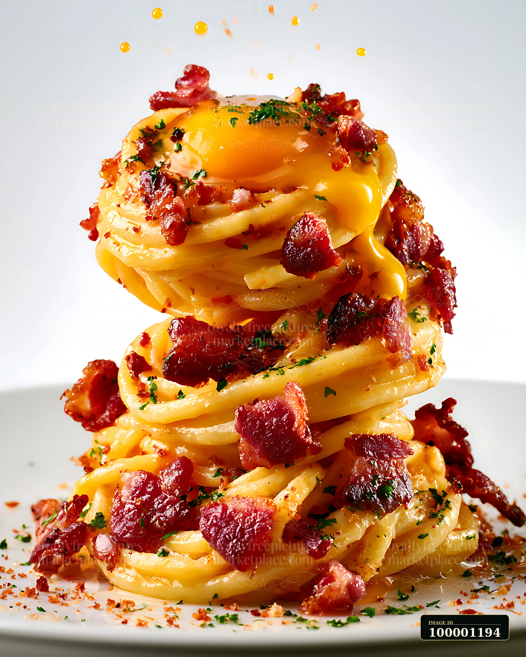 Spaghetti is stacked high on a plate, topped with crispy bacon and a raw egg yolk, garnished with herbs.
