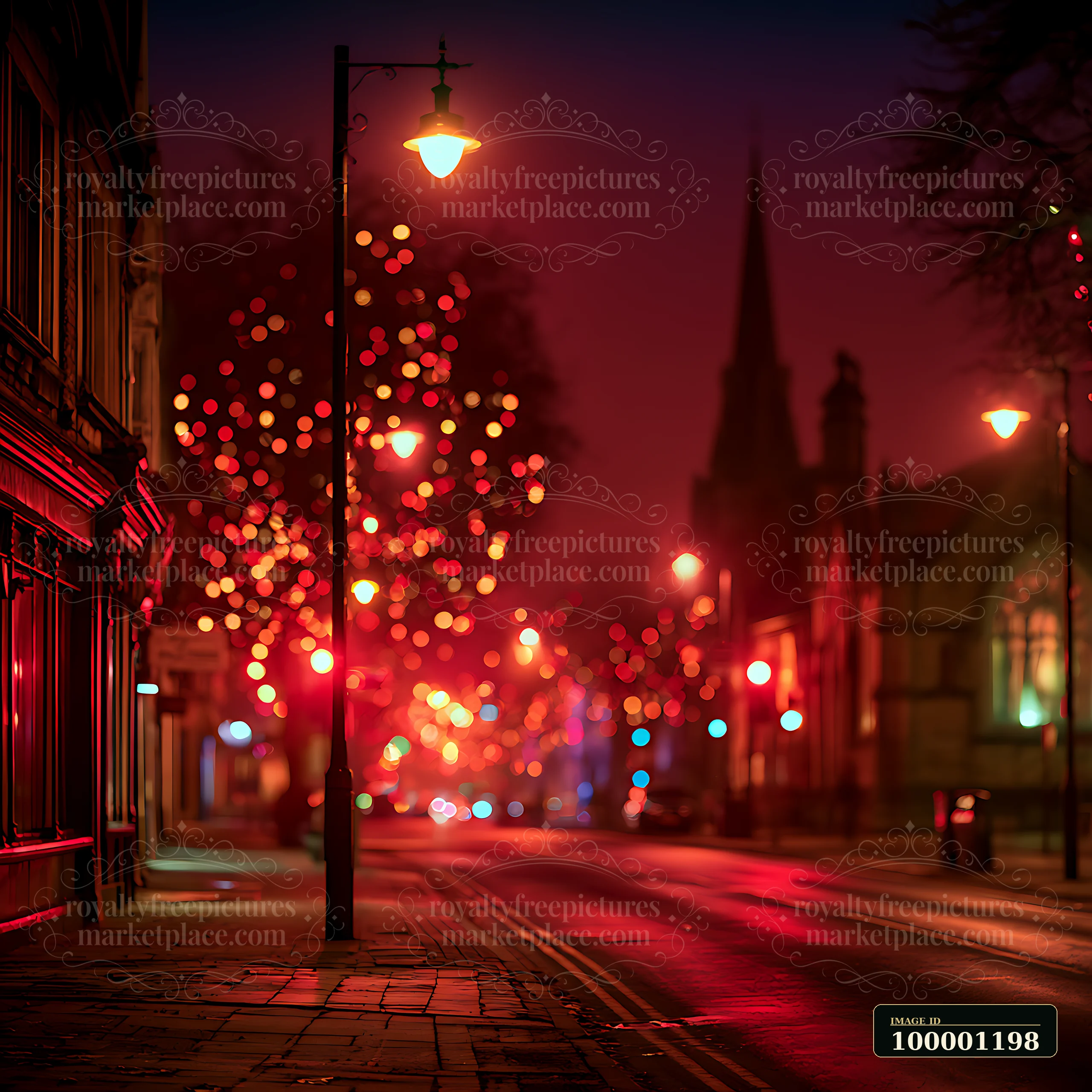 A city street is lit by street lamps and colorful festive lights.