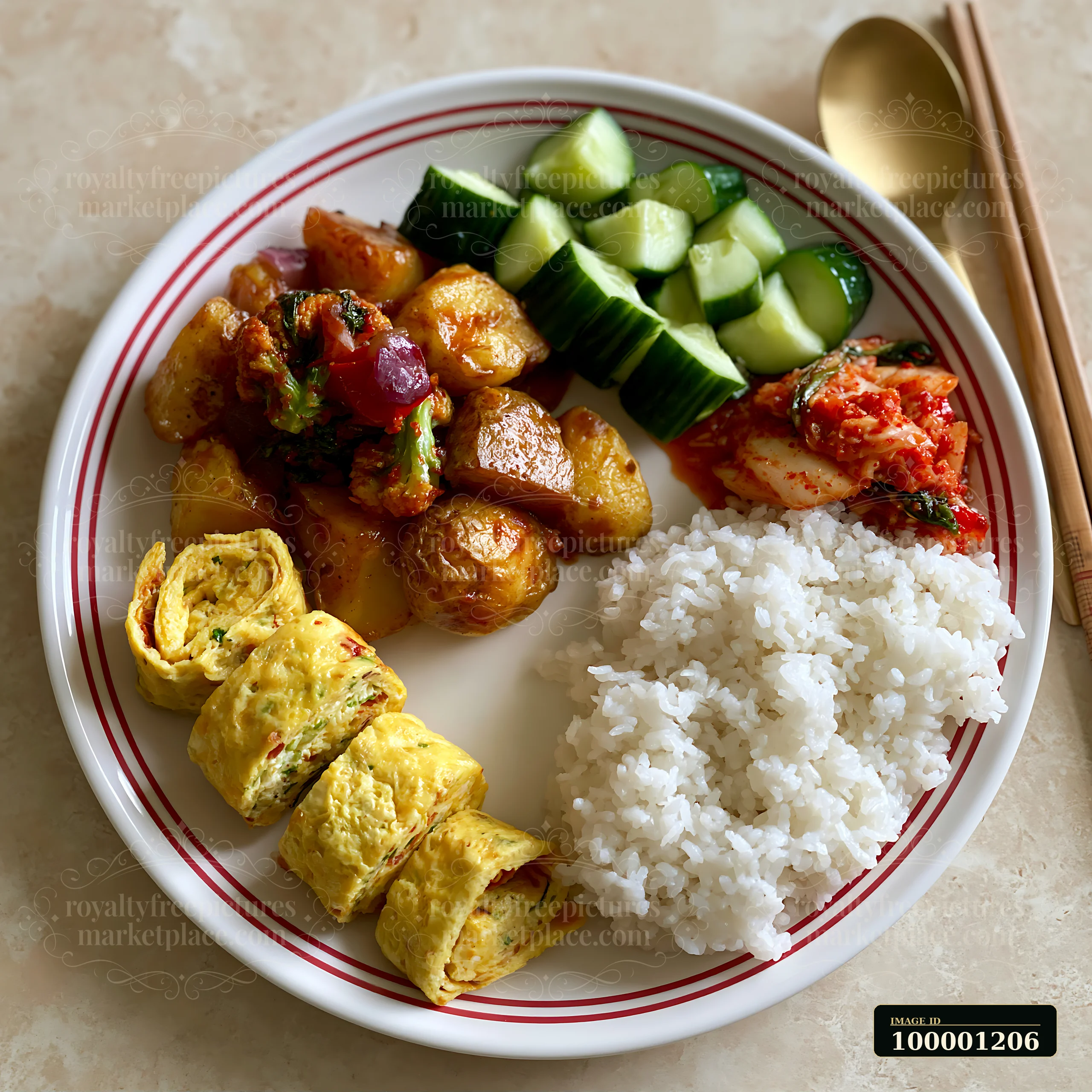 This plate features a Korean breakfast with rice, sautéed potatoes, pickled cucumbers, kimchi, and rolled egg.