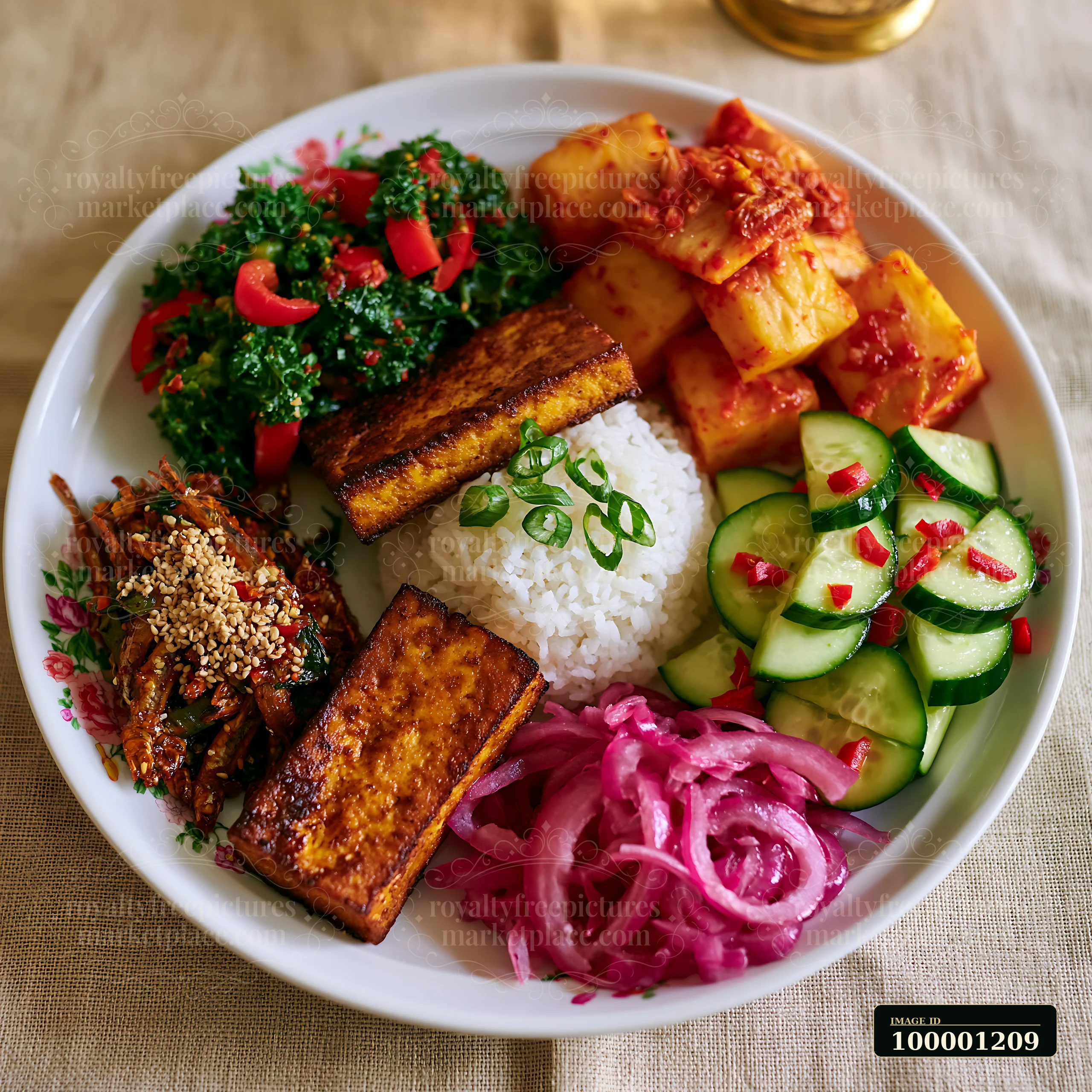 A breakfast plate with Korean breakfast shows various dishes including rice, tofu, vegetables, and pickles arranged neatly.