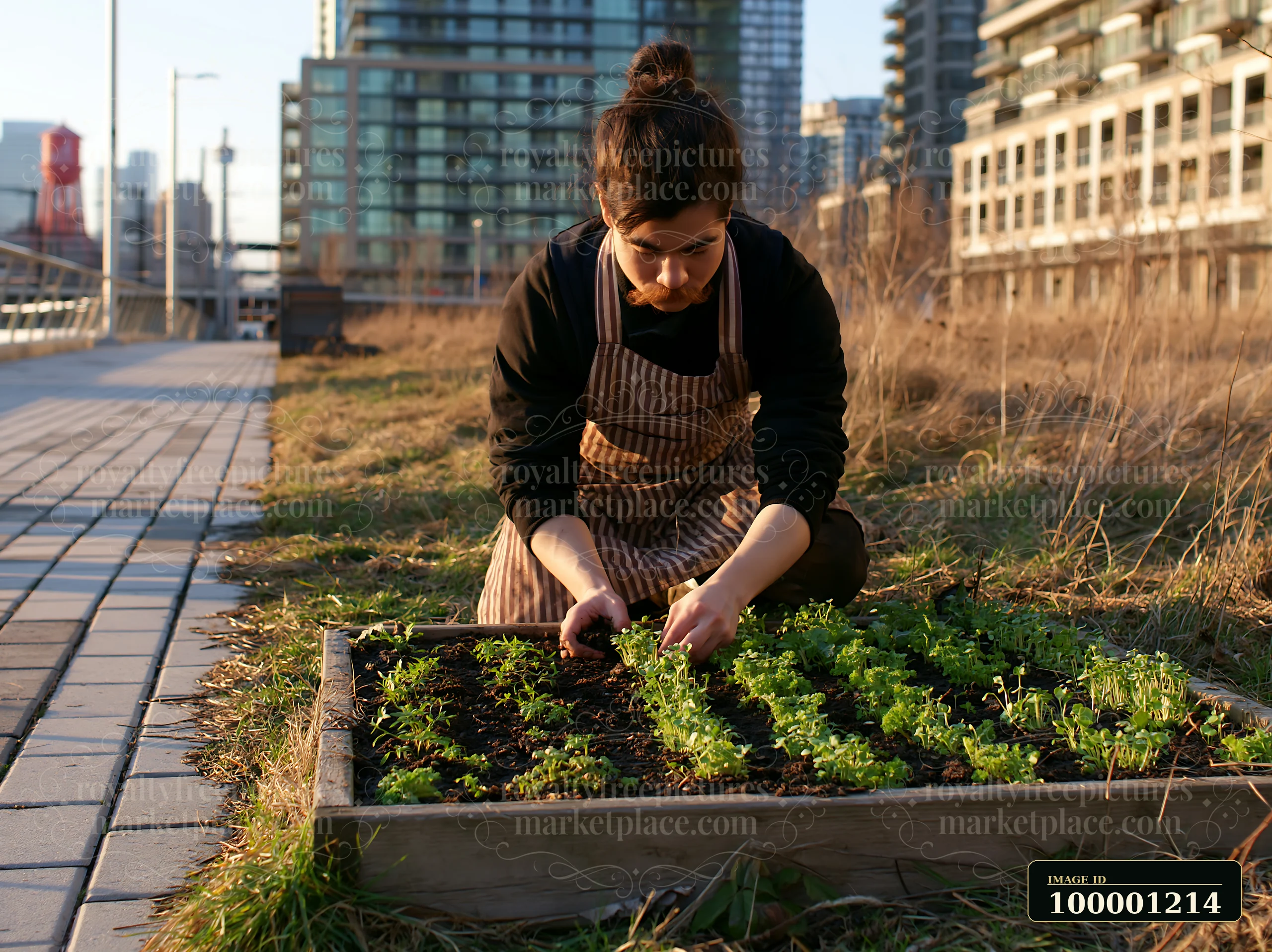 A person kneels in an urban meadow among buildings, tending to a raised garden bed filled with vegetables and herbs.