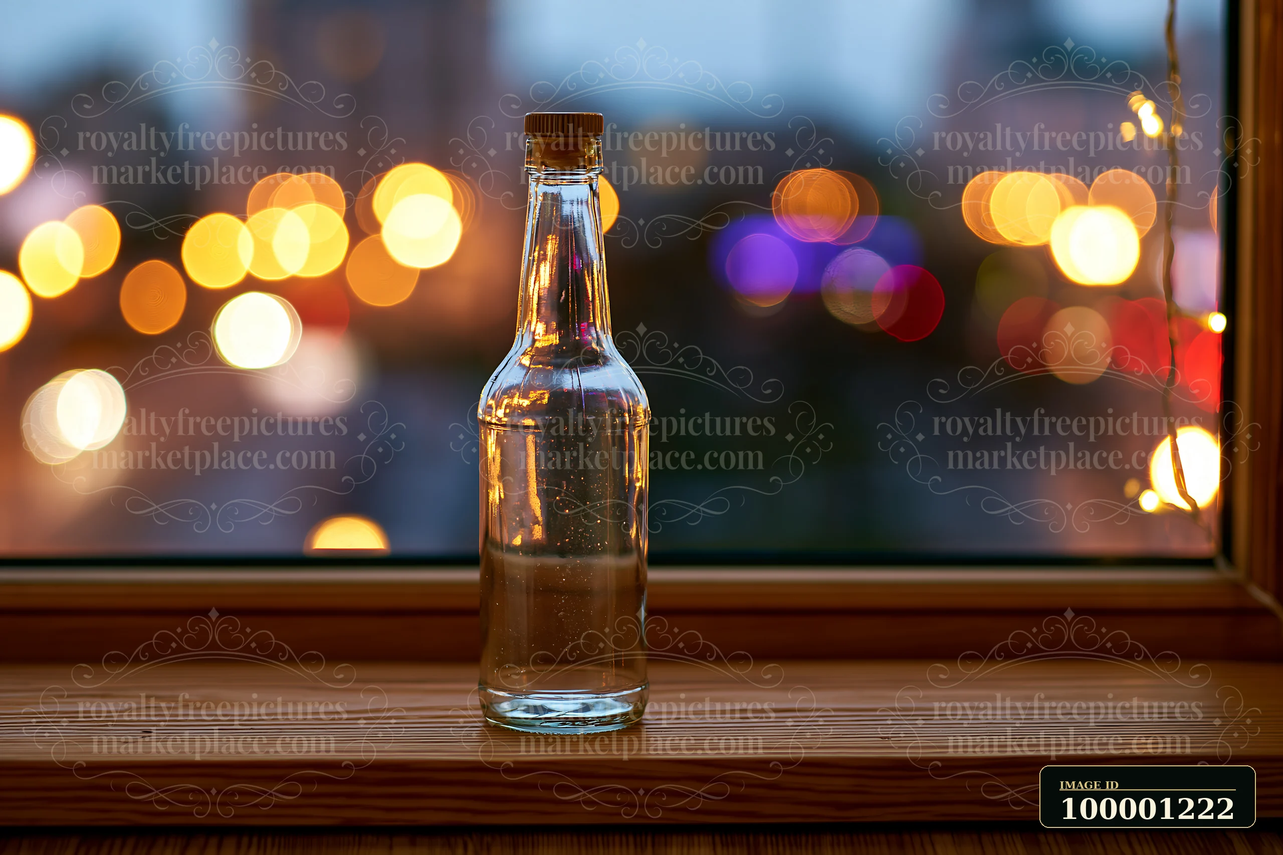 An empty bottle after party rests on a windowsill with blurred city lights in the background, capturing the atmosphere of a fun night.