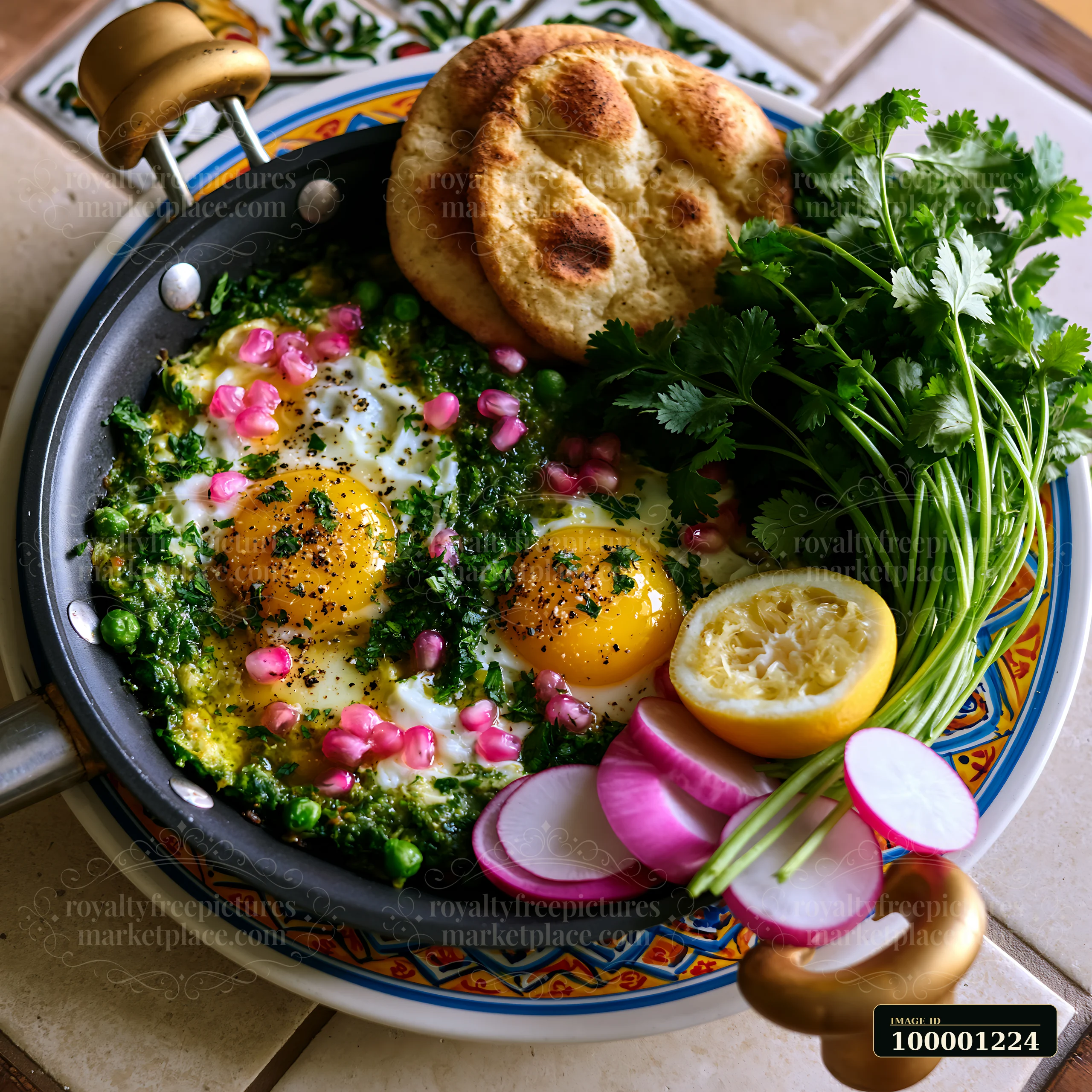 A spring breakfast plate features two poached eggs atop a bed of greens with herbs, surrounded by pita bread, radishes, and lemon.