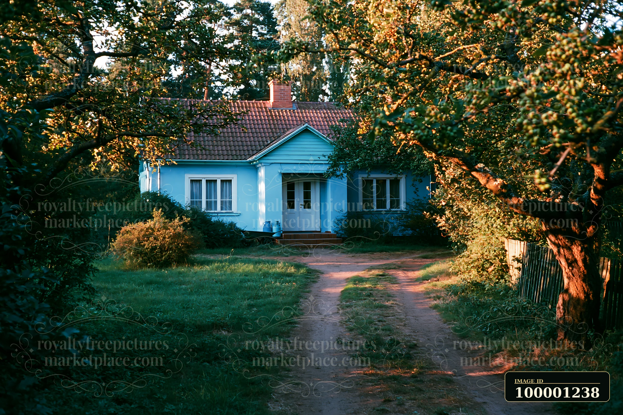 A country house stands surrounded by fruit trees, with a dirt path leading directly to the entrance.