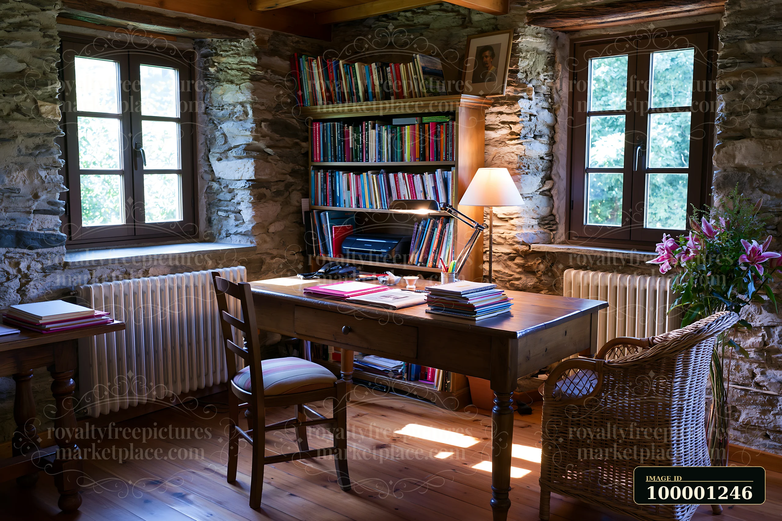 A cozy workspace features a wooden desk, bookshelves filled with books, and windows allowing natural light.