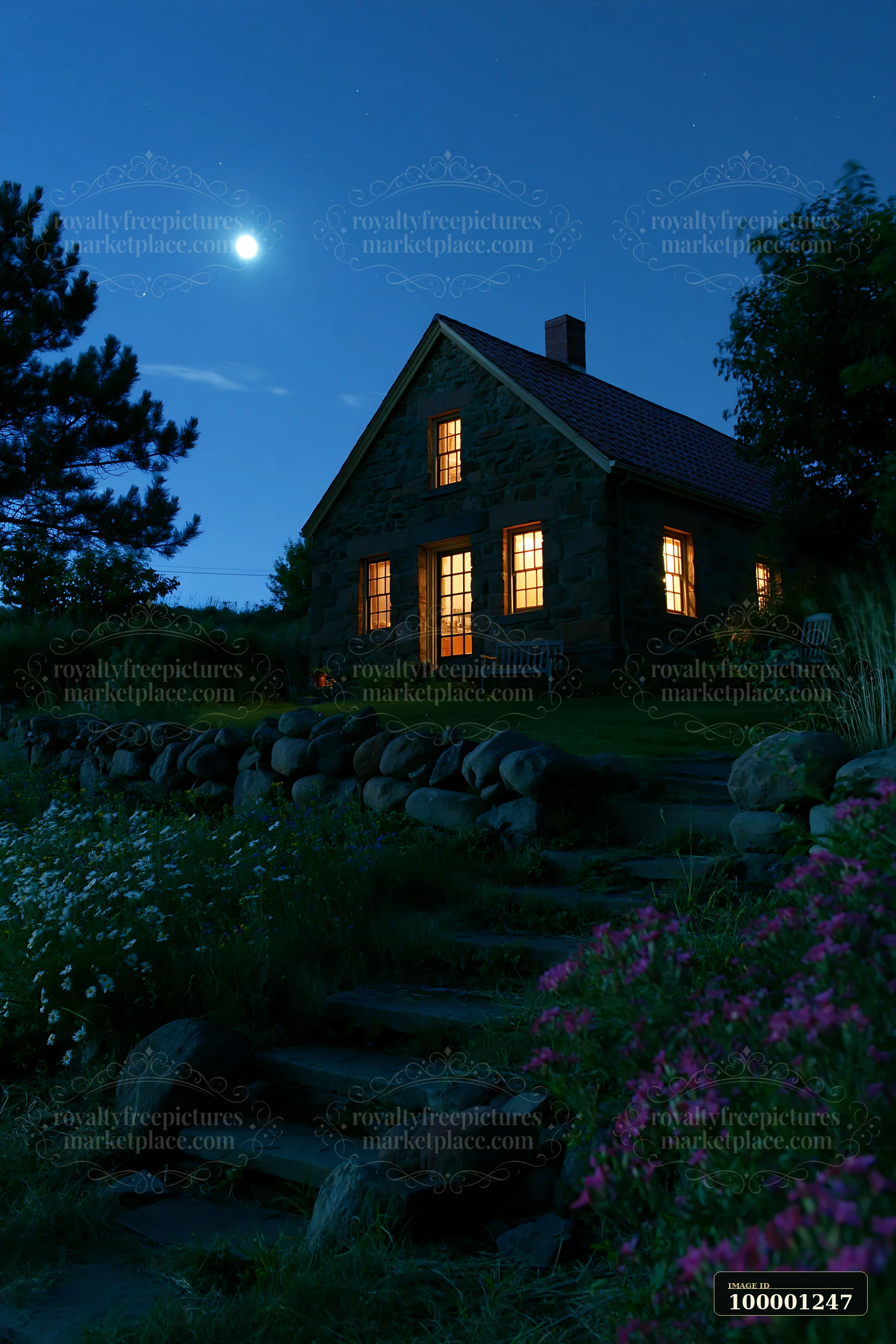 A country house stands under a starry sky with a bright moon.