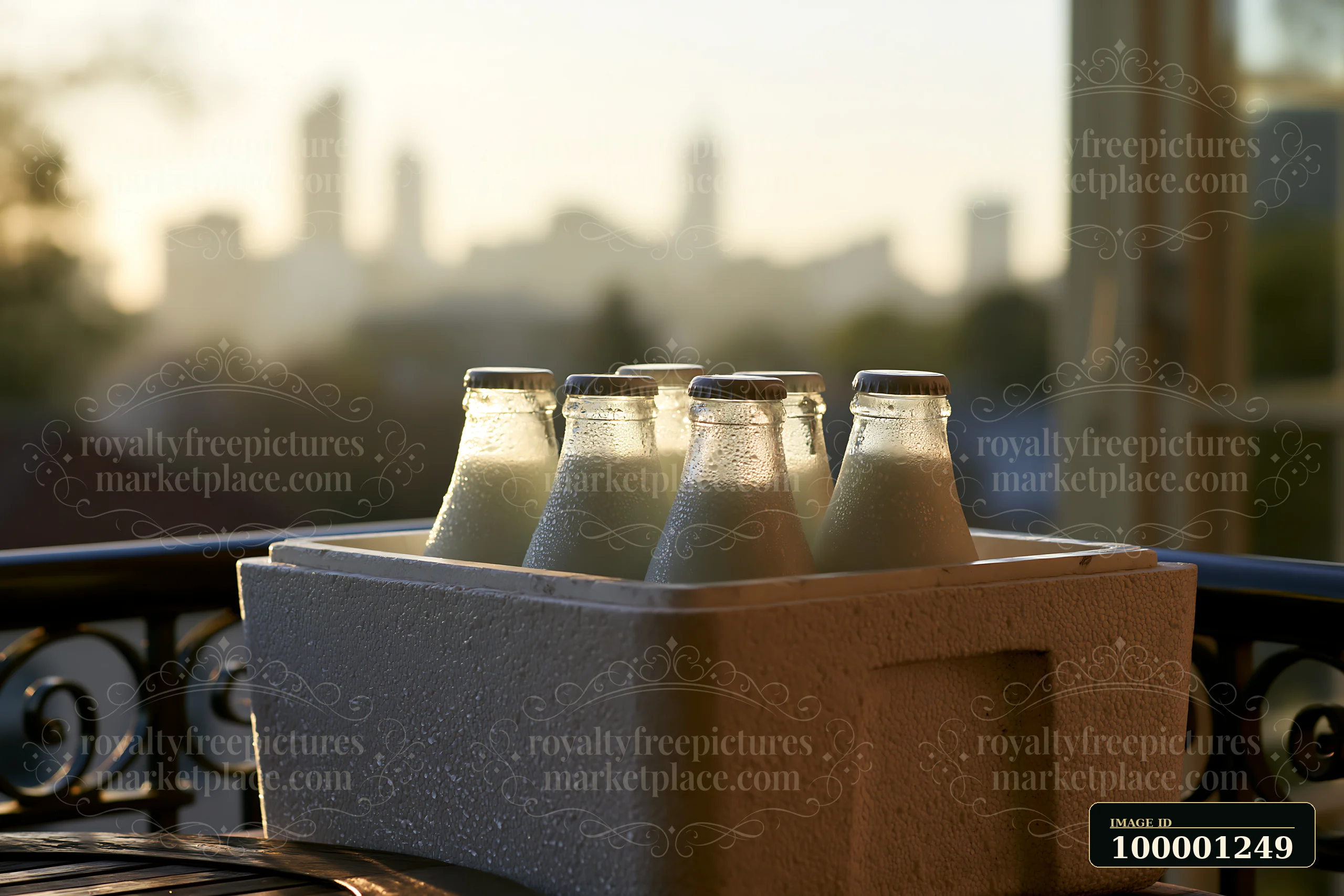 Milk bottles in an insulated delivery box sit on a balcony with a city skyline background.