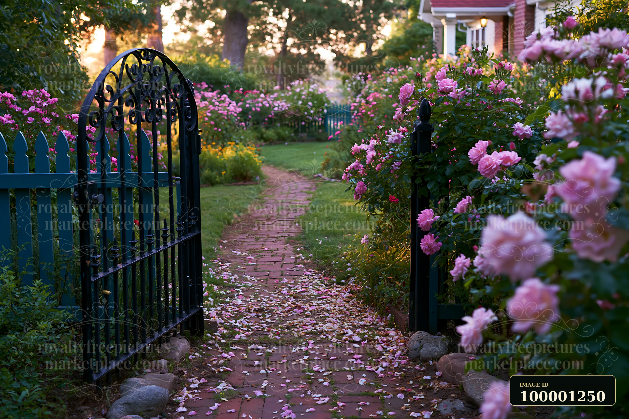 A garden path lined with blooming roses leads to a charming cottage.