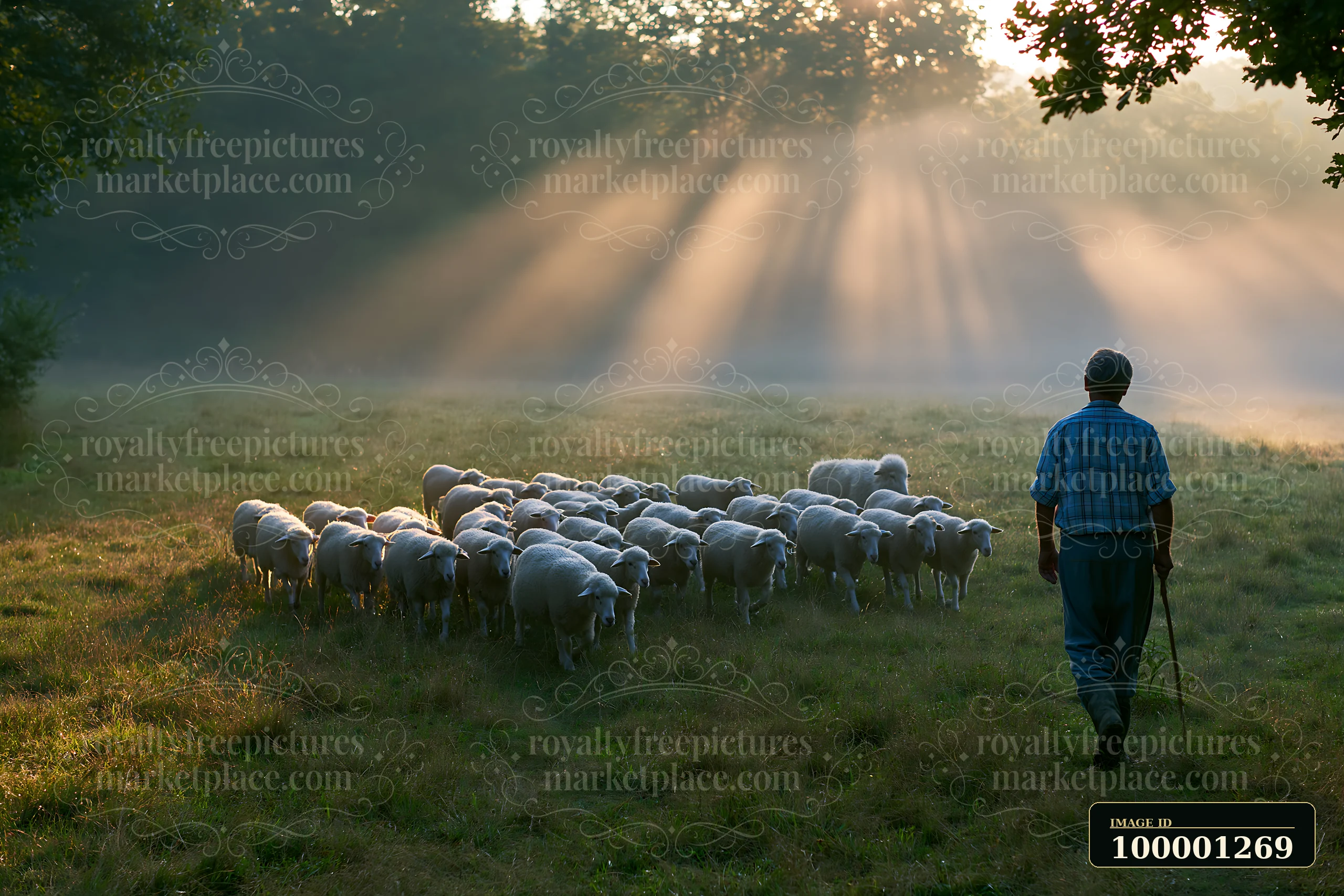 Sunbeams over a misty meadow illuminate a shepherd guiding a flock of sheep.