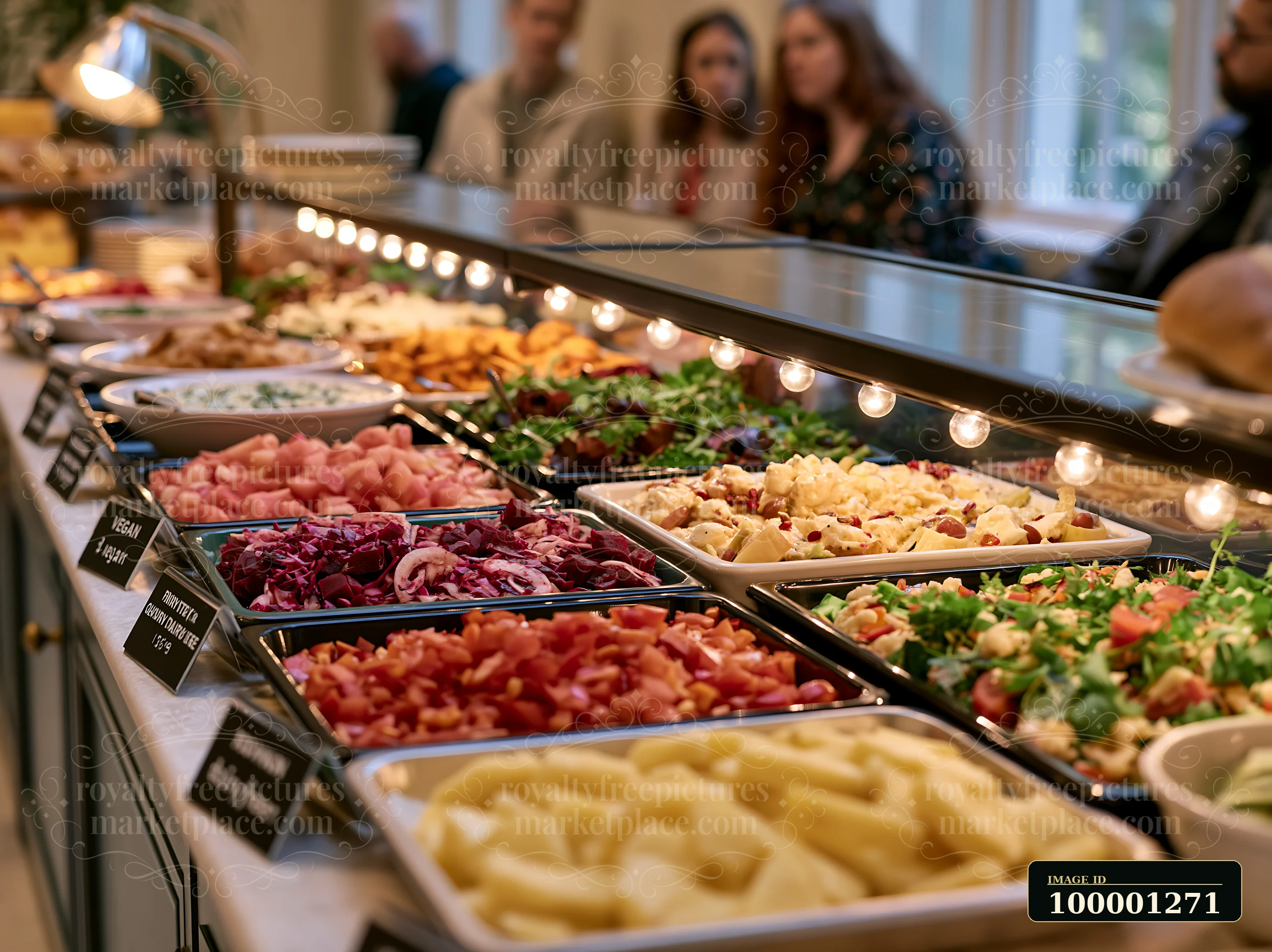 Colorful dishes with various salads and fruits are displayed on a buffet table, with clear dietary labels identifying each item.