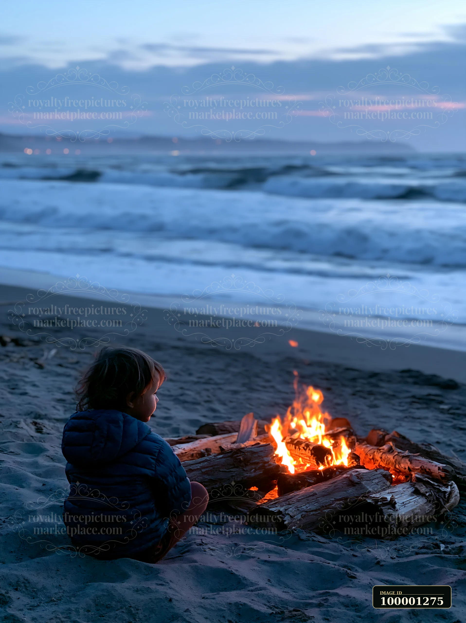 A child sits on the sand near a beach bonfire, watching the flames as waves crash on the shoreline at sunset.