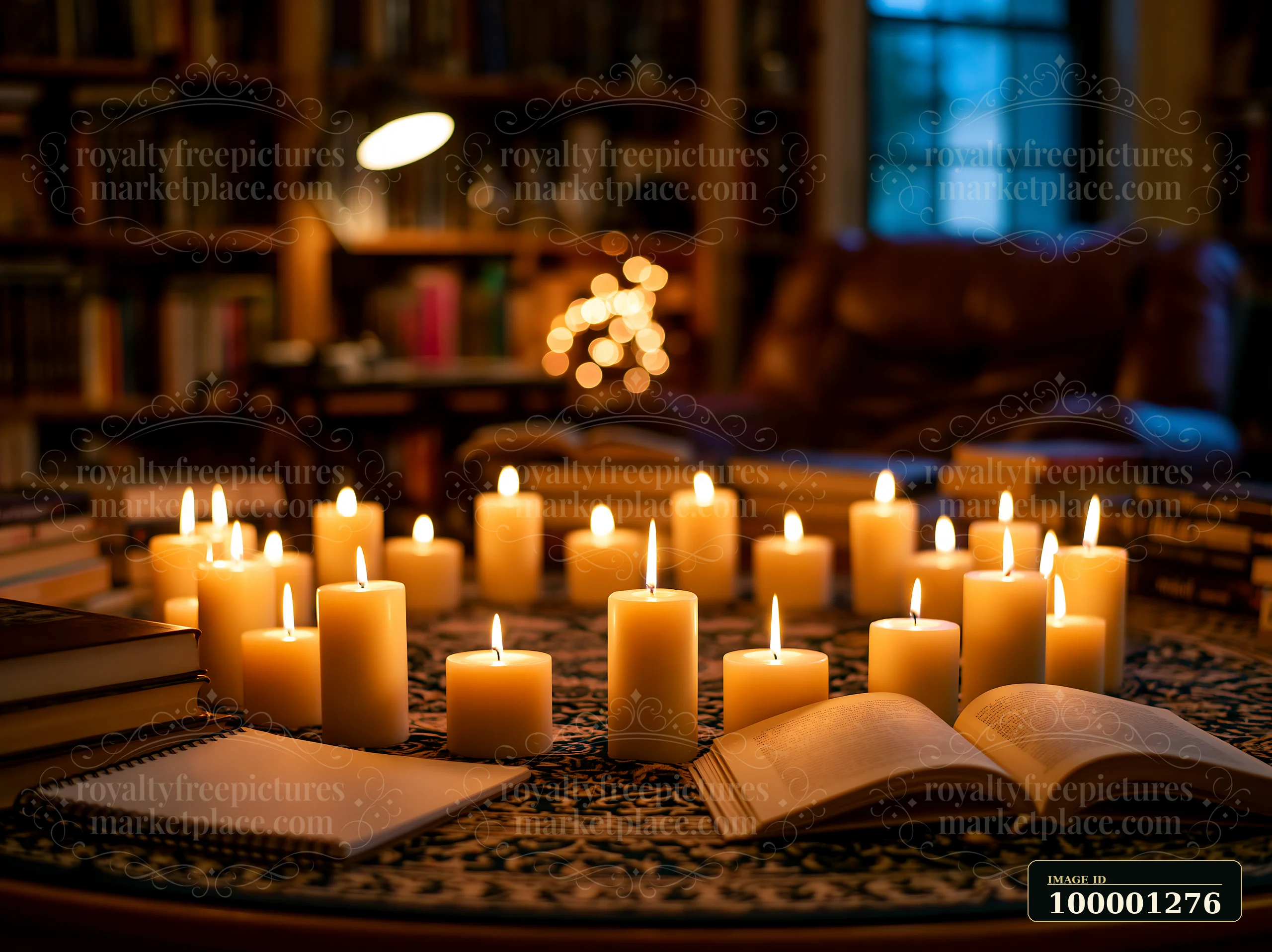 Candles arranged in a circle illuminate a cozy room filled with books.