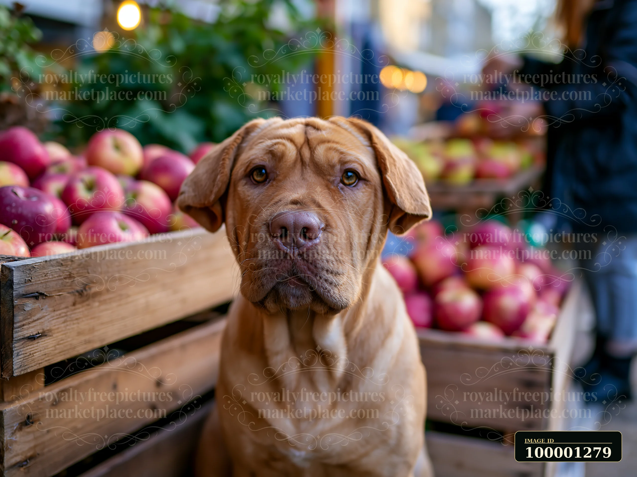 A rare dog breed sits among wooden crates filled with fresh apples at a bustling farmers market.