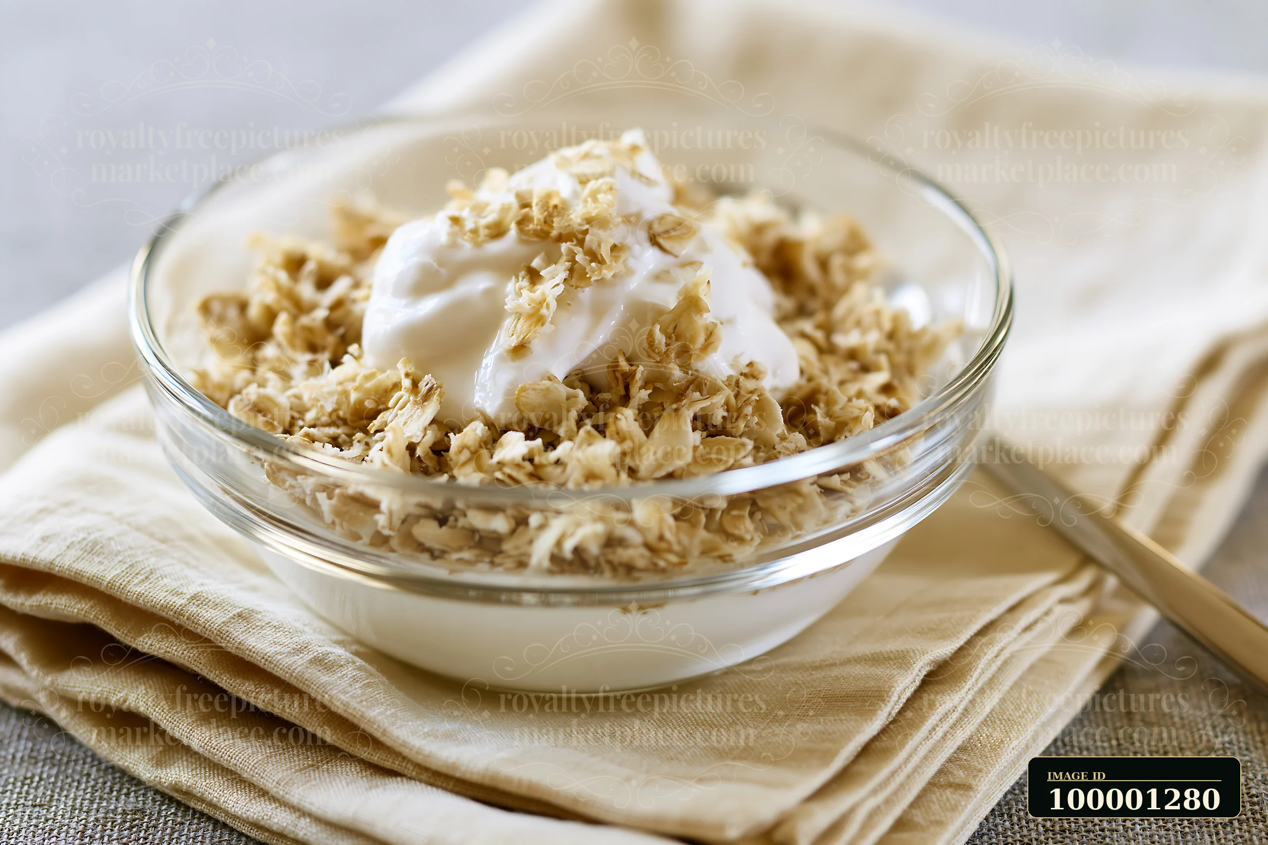 A bowl holds a serving of smooth cream topped with crunchy oat flakes.
