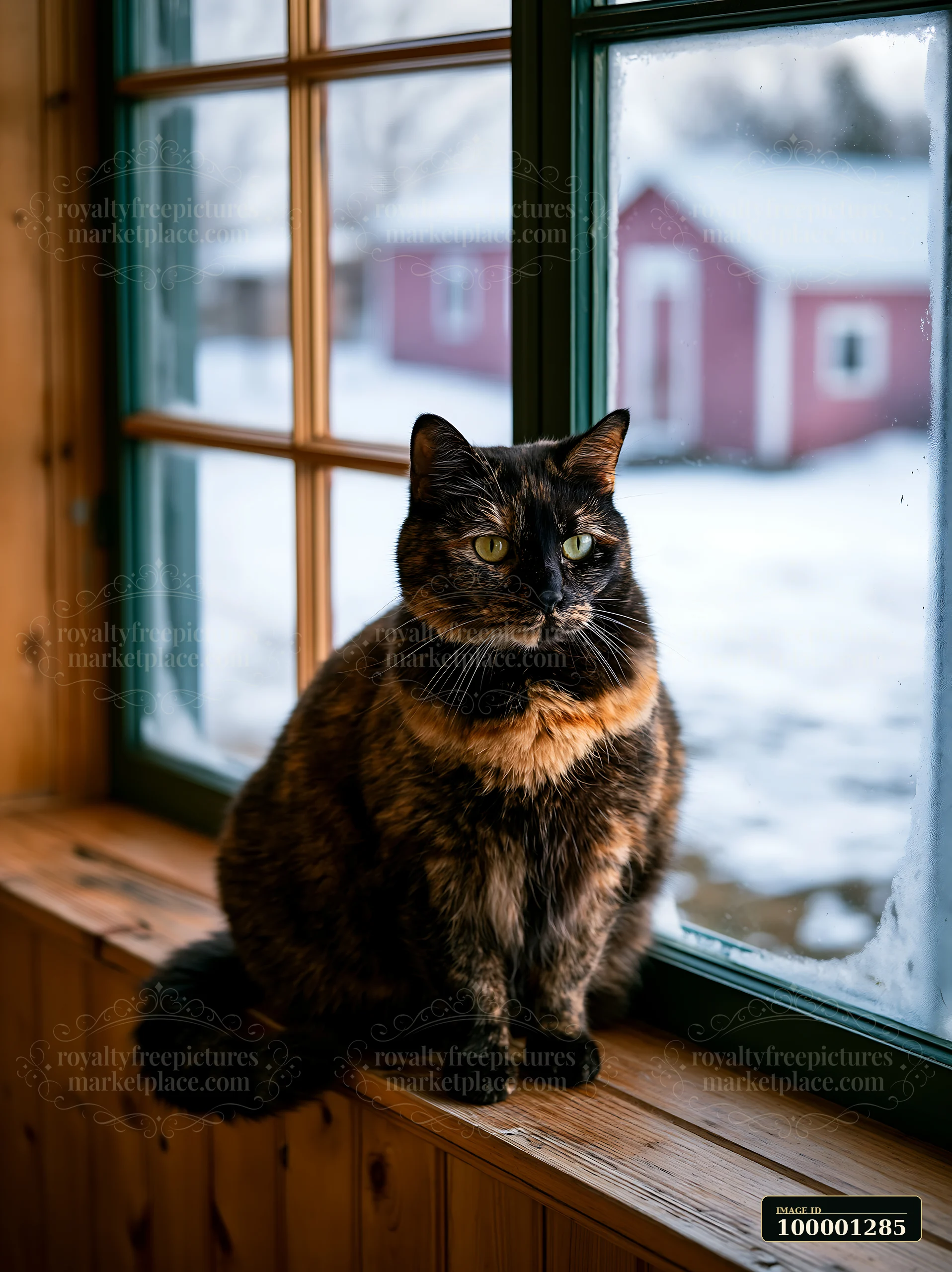 A cat sitting on a windowsill of a country house looks outside at the snowy landscape.