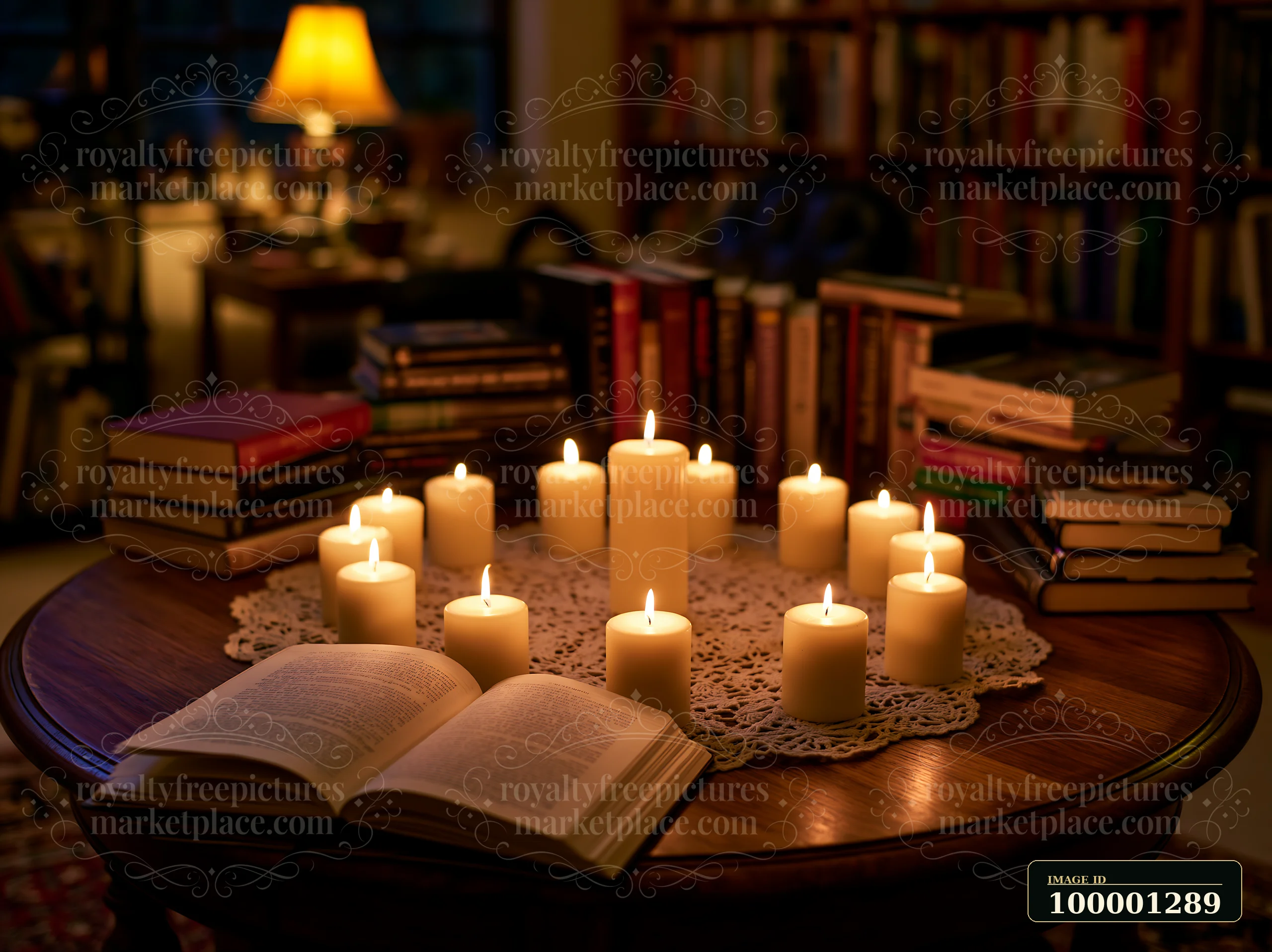 Candles arranged in a circle on a lace doily surround an open book atop a wooden table.