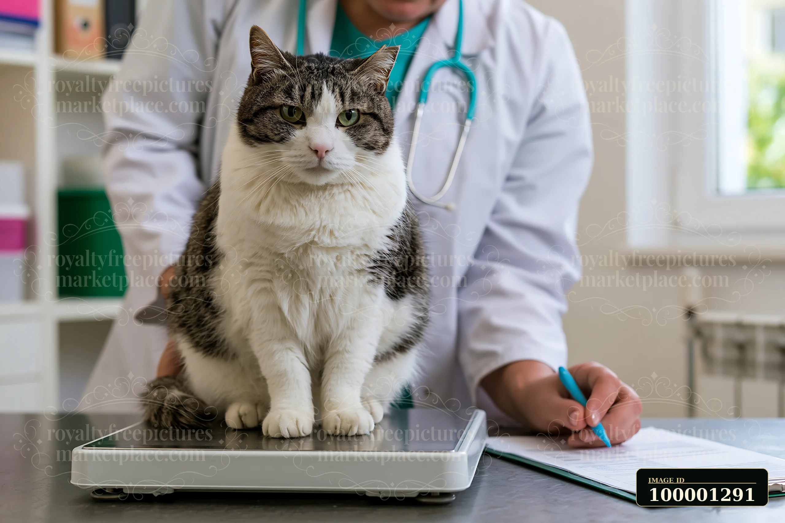 A rare cat breed is undergoing a veterinary examination on a scale in an animal clinic.