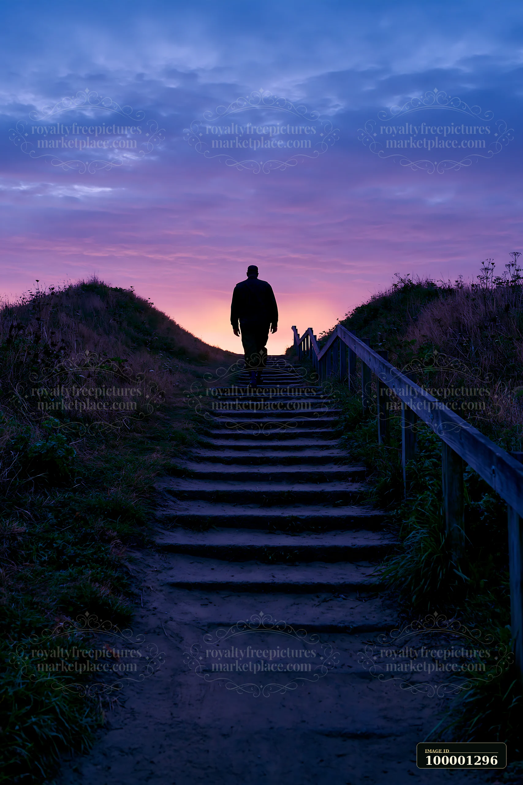 A soldier silhouette stands at the top of stairs as dawn breaks, with colorful clouds illuminating the sky.