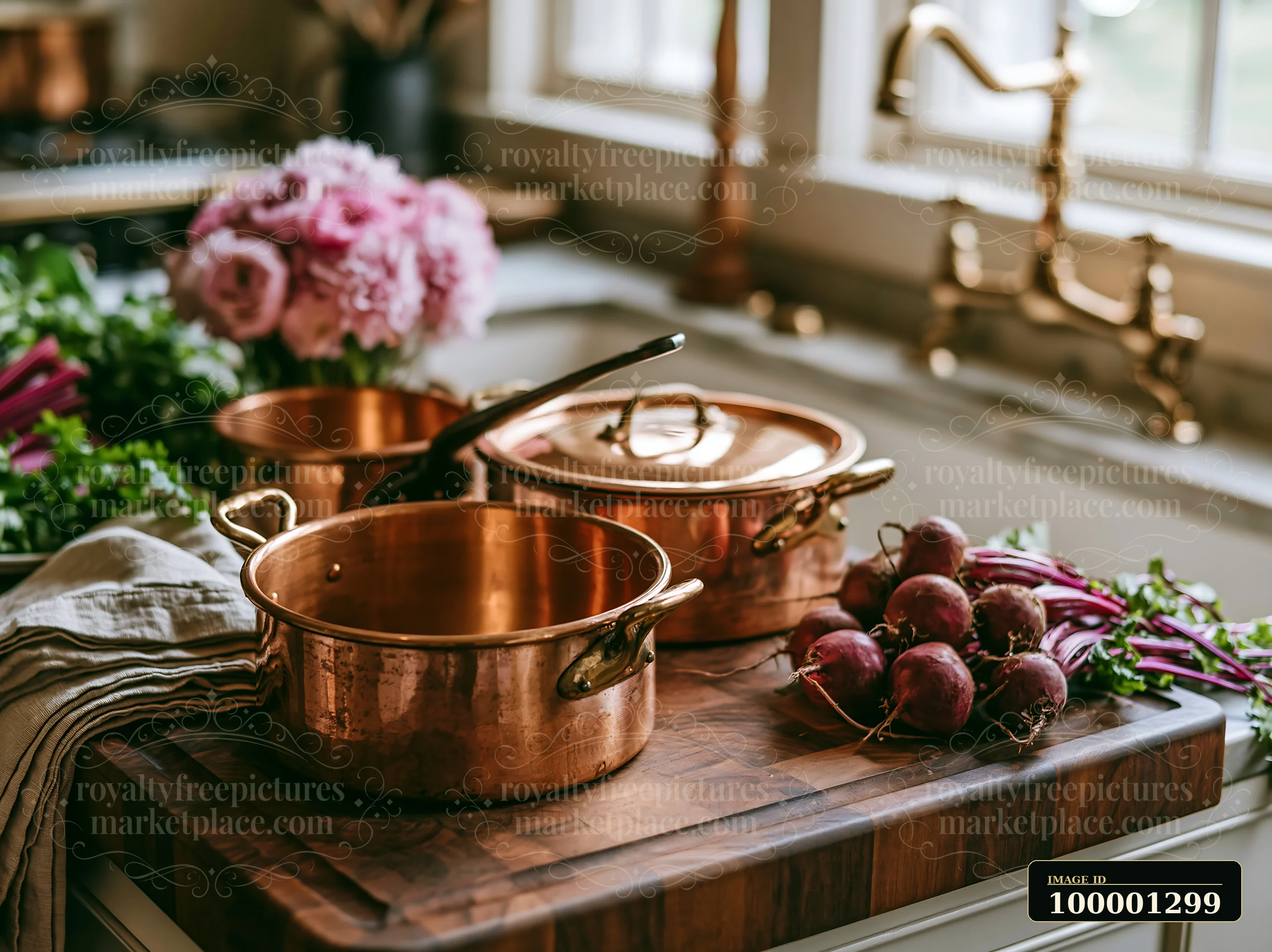 A farmhouse kitchen features copper cookware on a wooden countertop alongside fresh radishes and peonies.