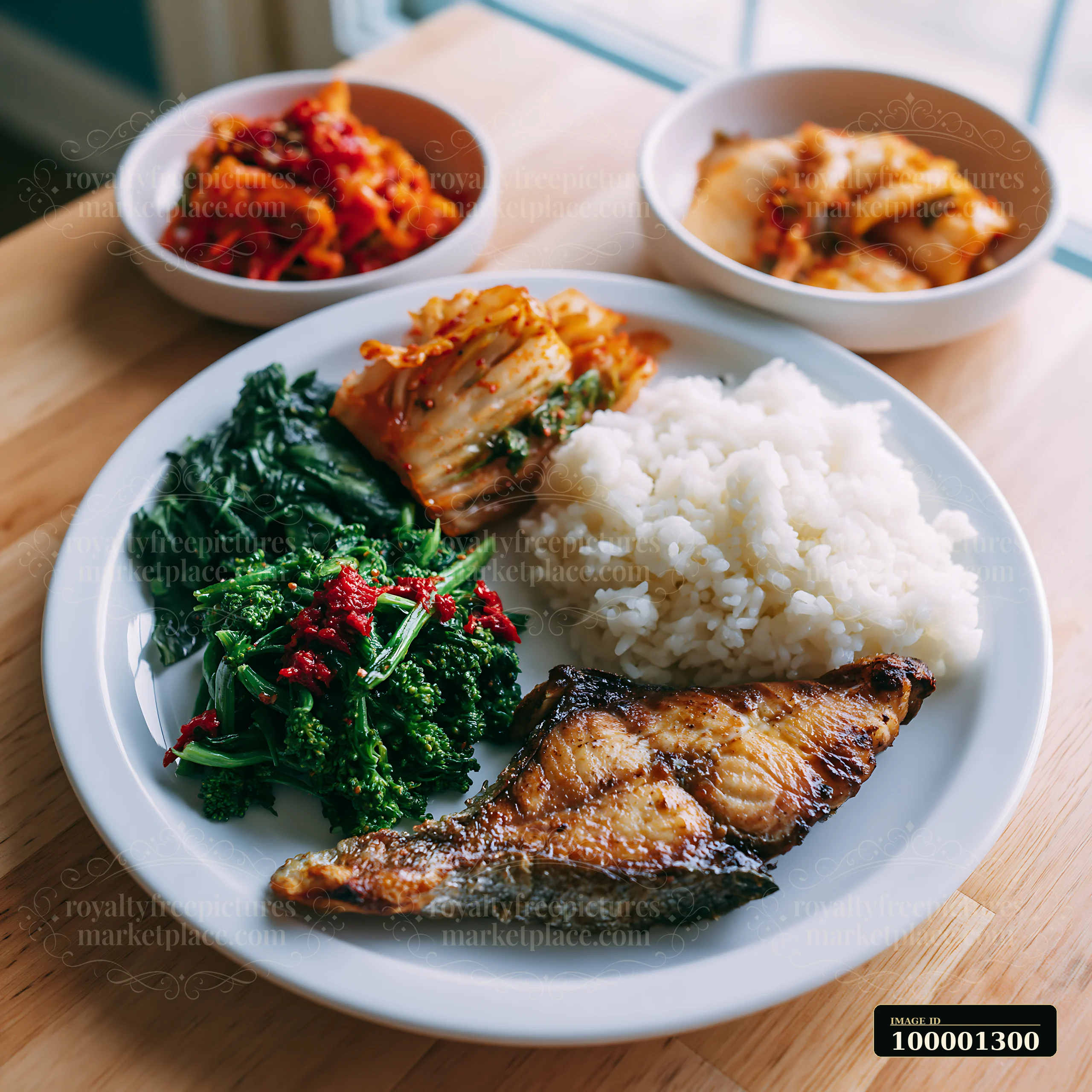 A breakfast plate with Korean breakfast includes grilled fish, rice, assorted vegetables, and kimchi.