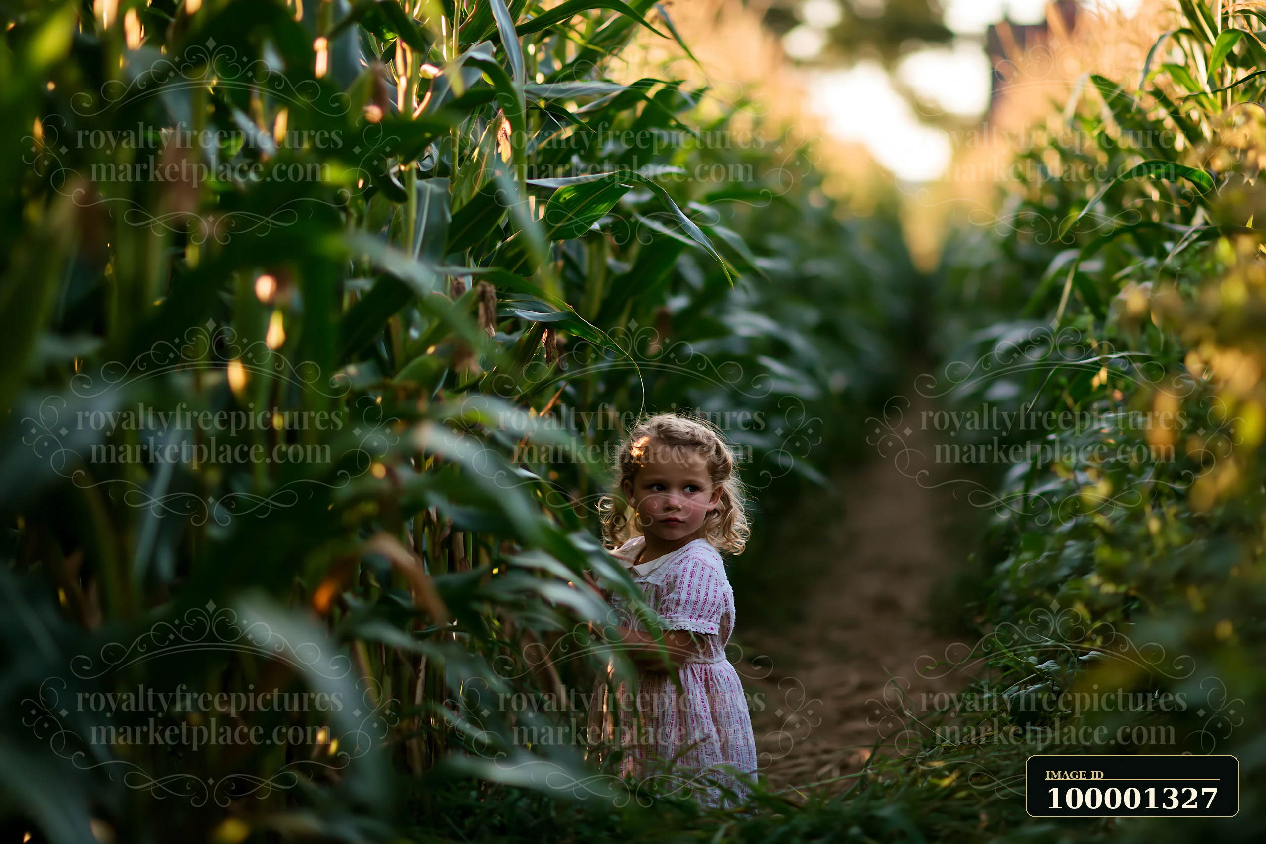 A young child stands in a garden surrounded by tall corn stalks, exploring the area.