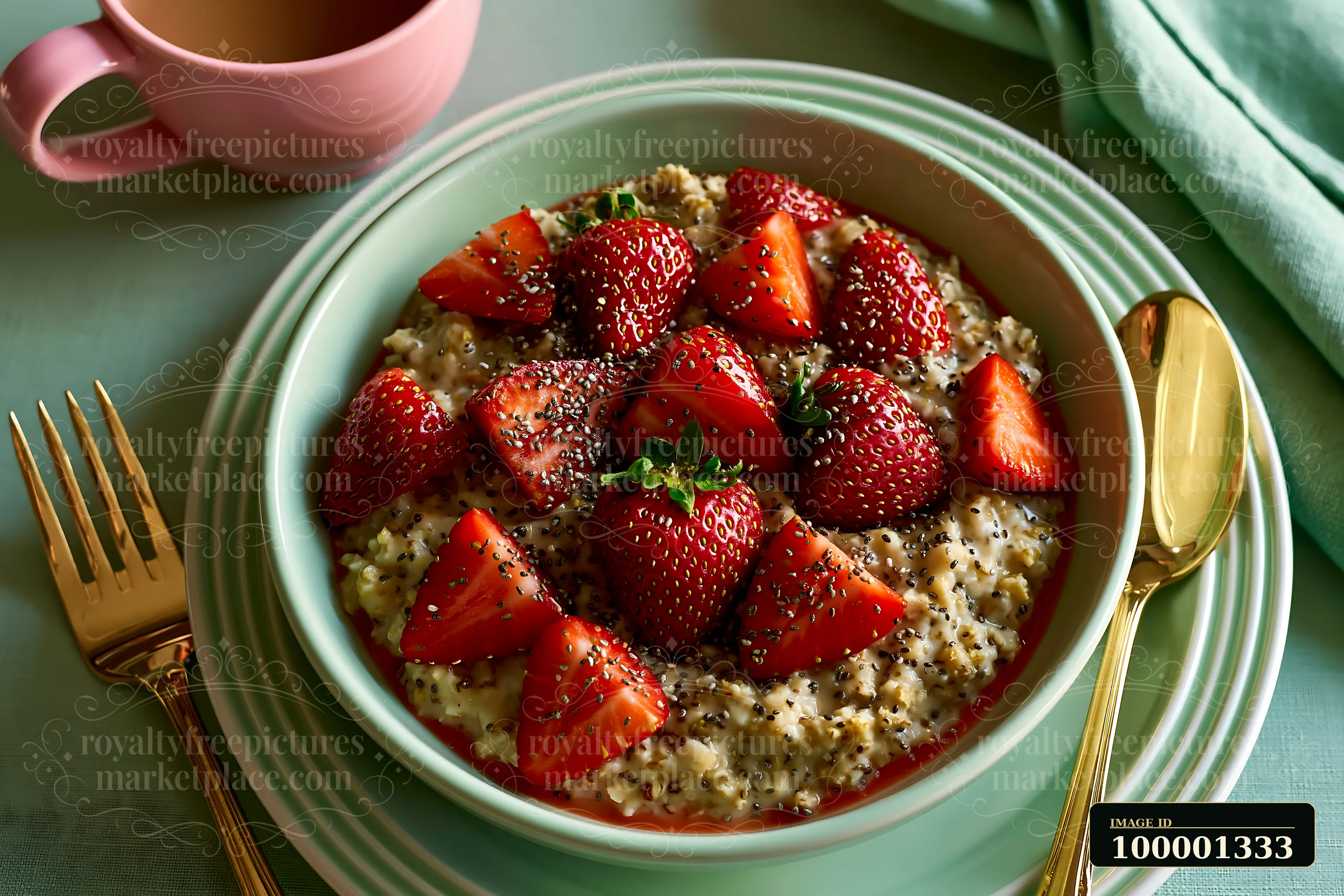 A bowl filled with oatmeal topped with fresh strawberries and chia seeds sits on a table.