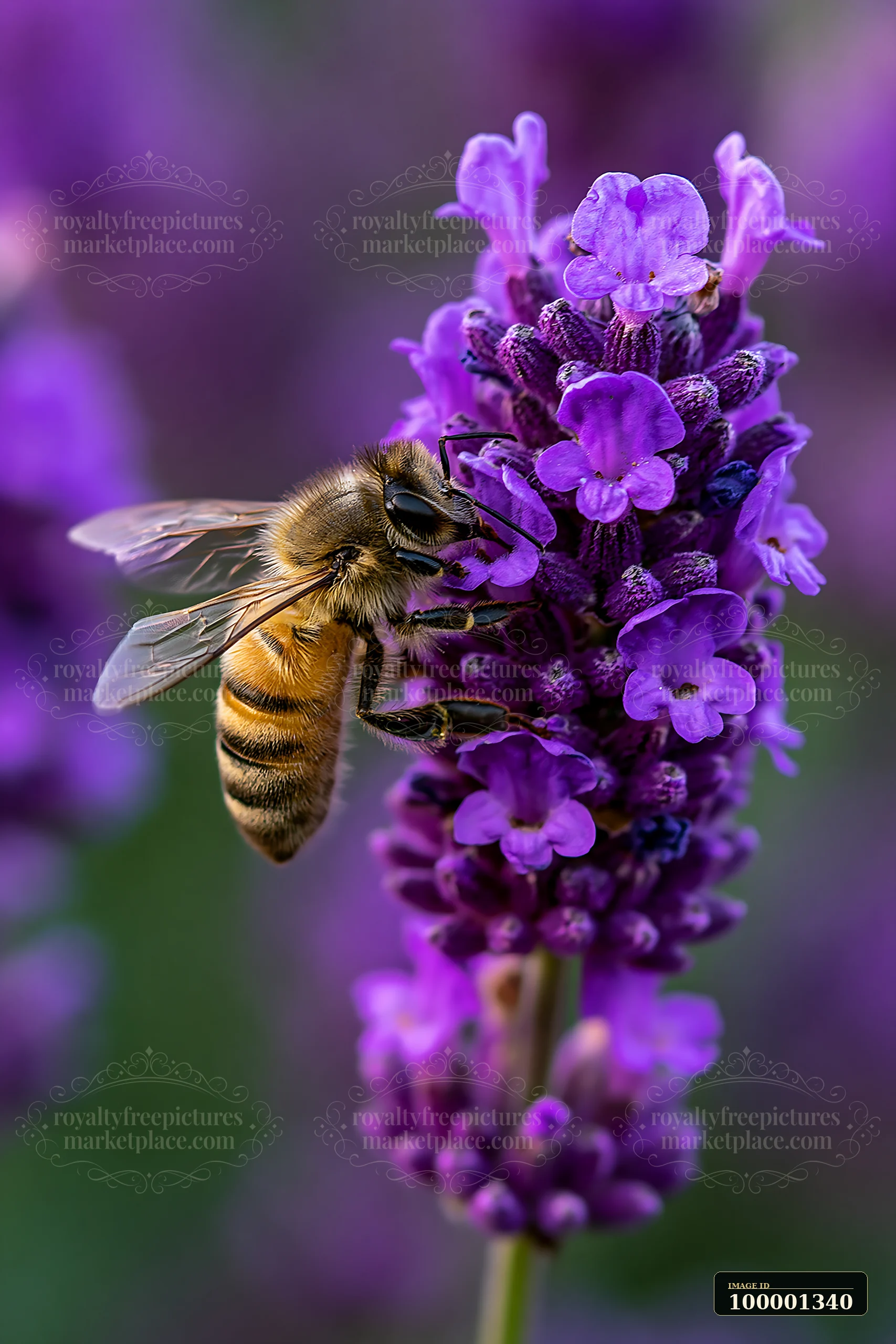 A honey bee closeup on purple lavender shows the bee actively gathering nectar from vibrant blooms.