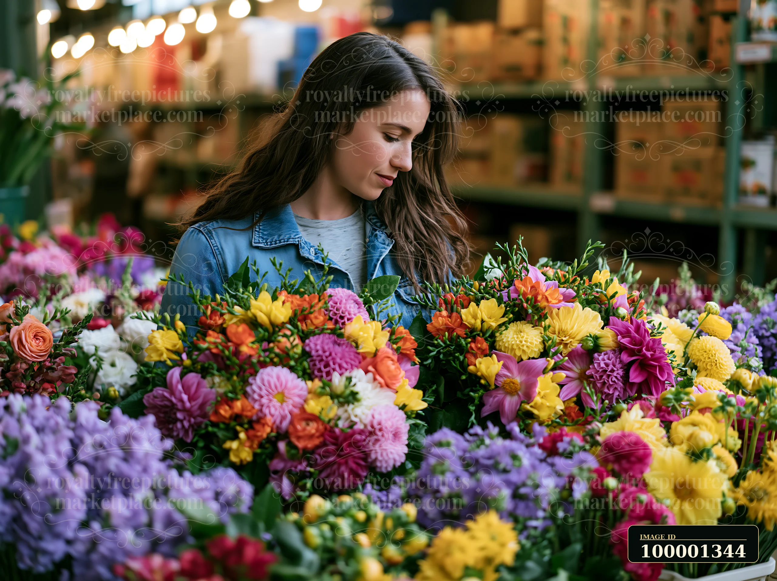 A woman looks at colorful seasonal flowers while shopping at a farmers market.