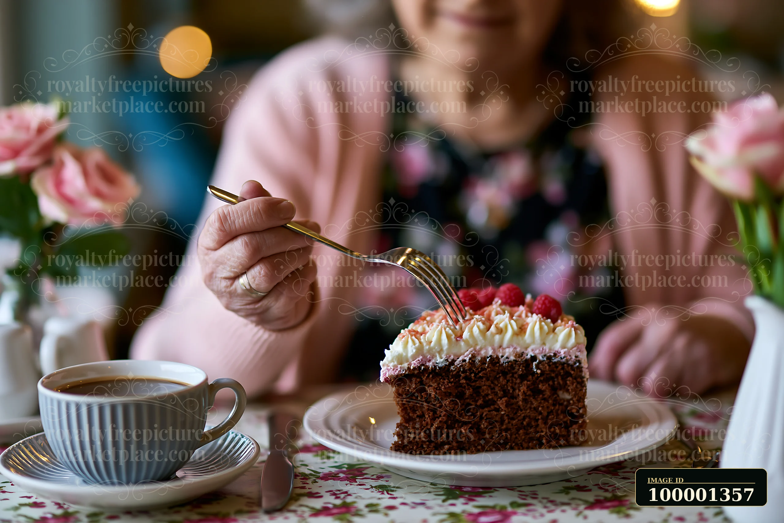 A person with limited hand mobility using utensils to eat cake at a cozy cafe.