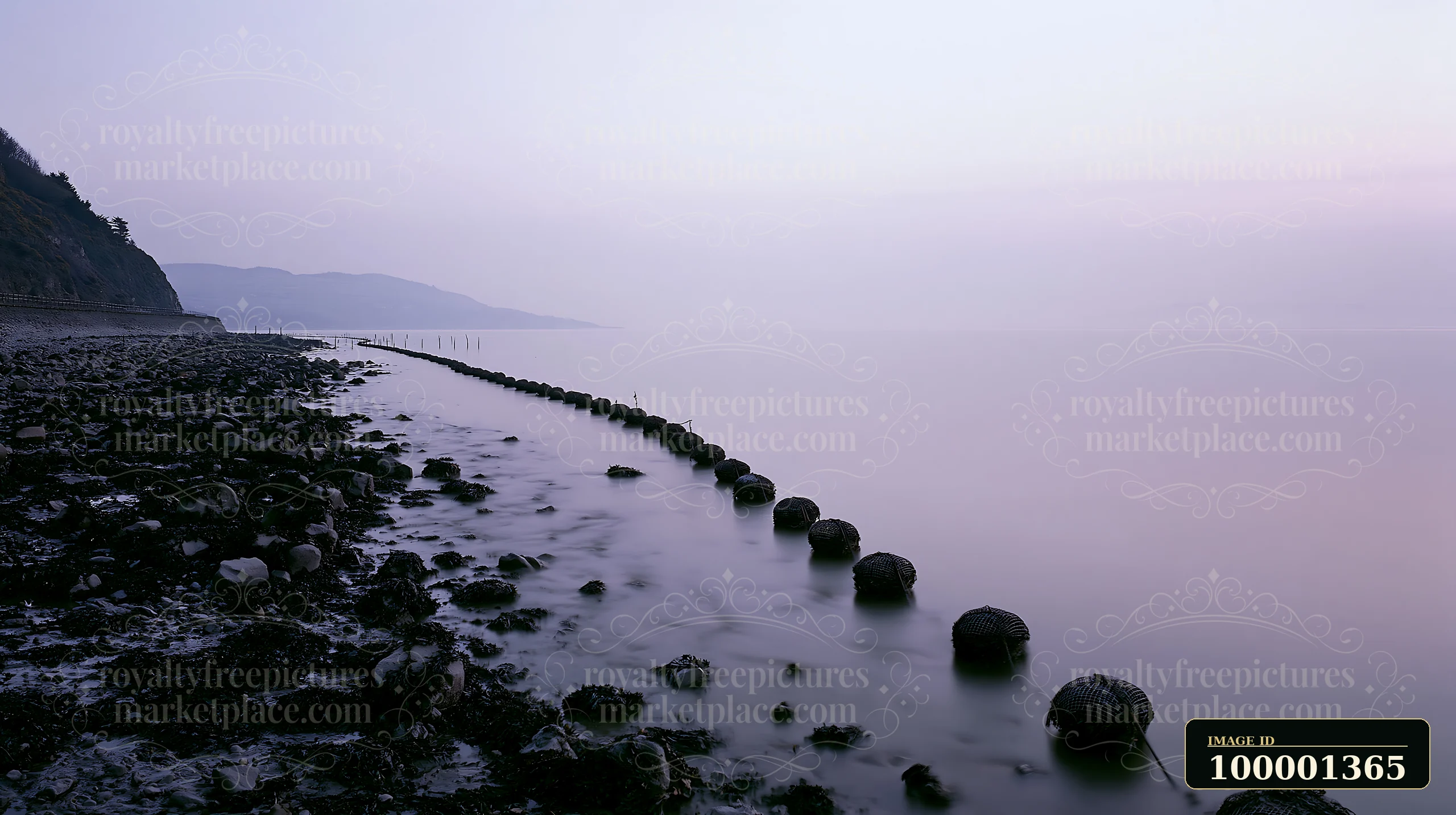 A coastline with mussel farms stretches along the shore as the day transitions into night, capturing the calm waters and lined structures against a fading light